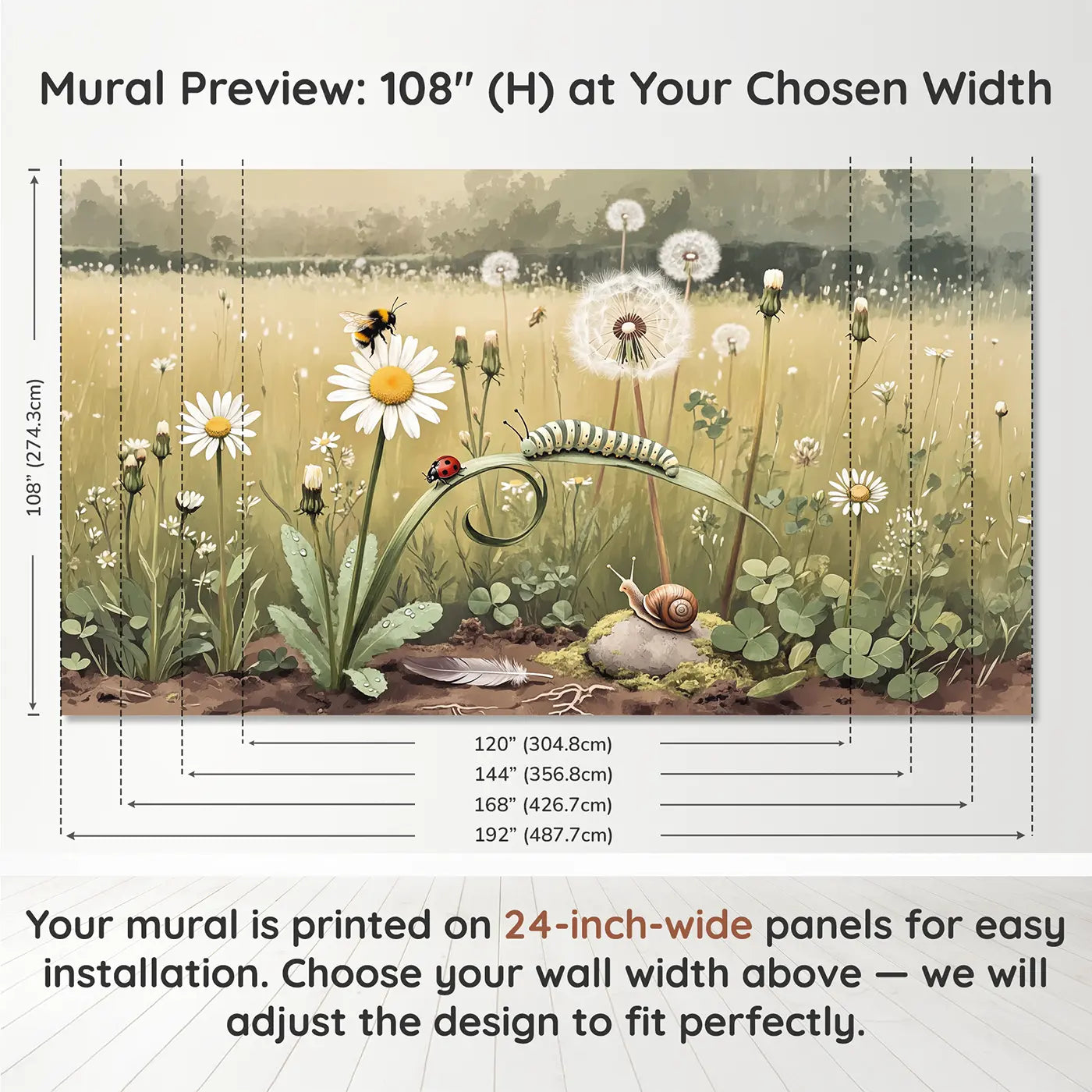 Panel layout and dimensions for Baby Bumblebee Garden Wallpaper Mural by Whimsy Tots