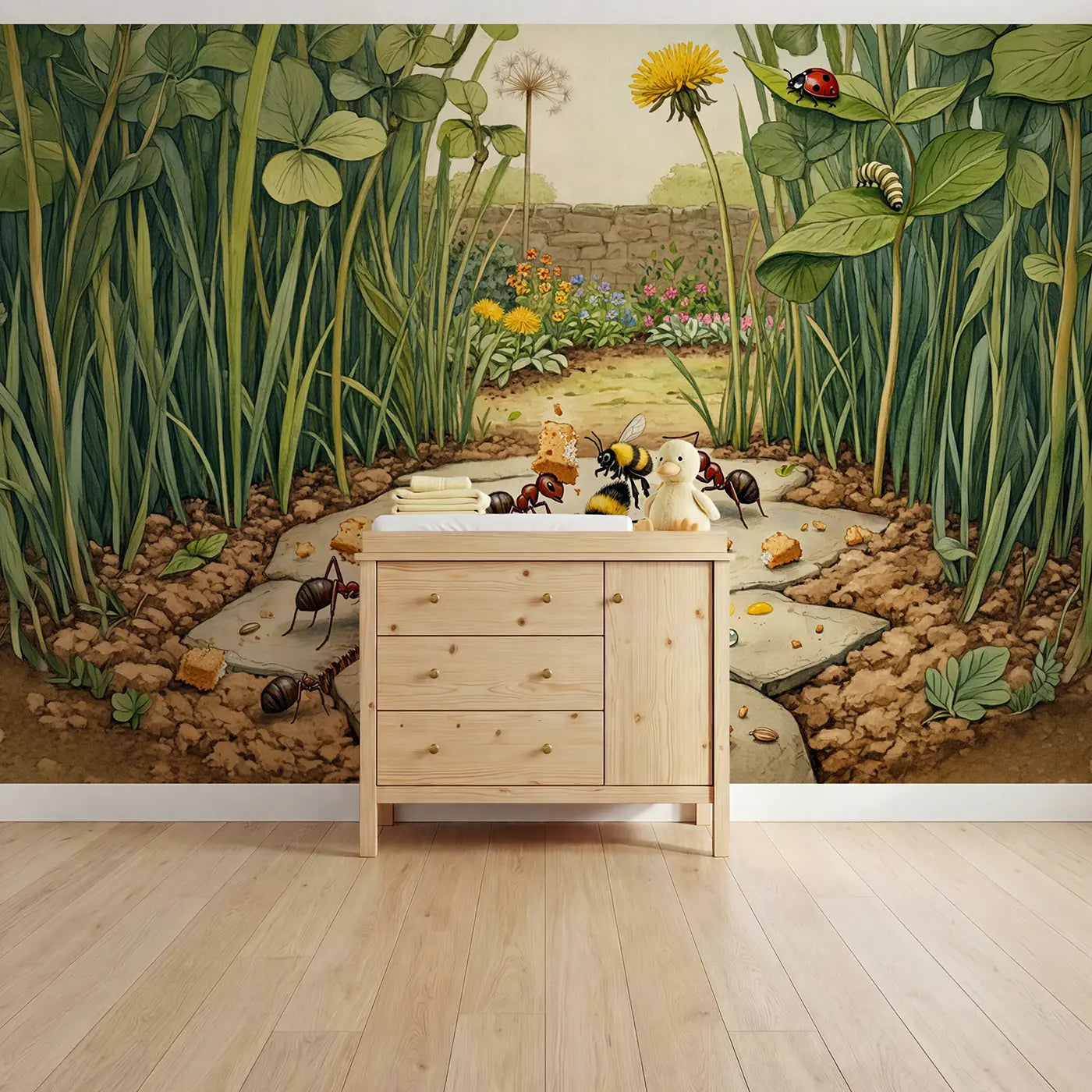 Storybook ants and bees at picnic garden ground level wallpaper mural for nursery by Whimsy Tots