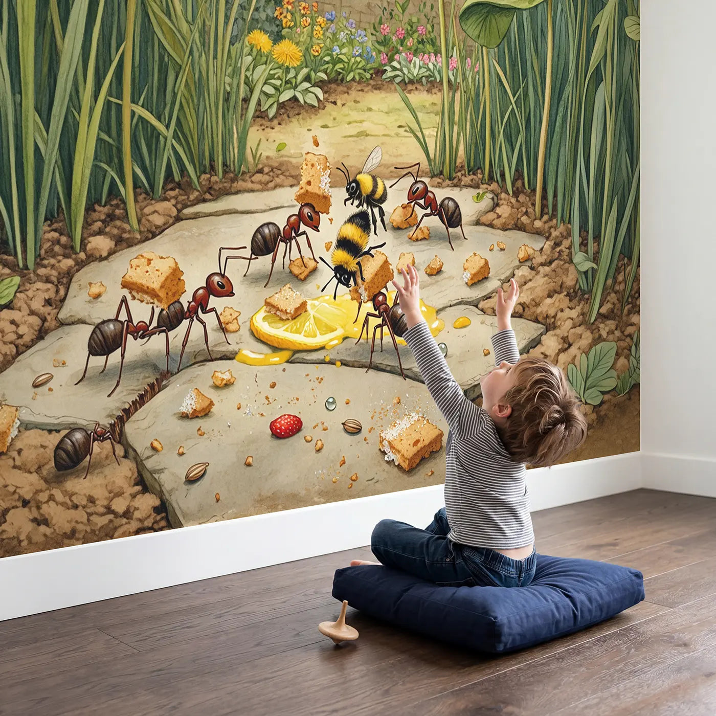 Child in nursery with Ant and Bee Garden Picnic Wallpaper Mural by Whimsy Tots