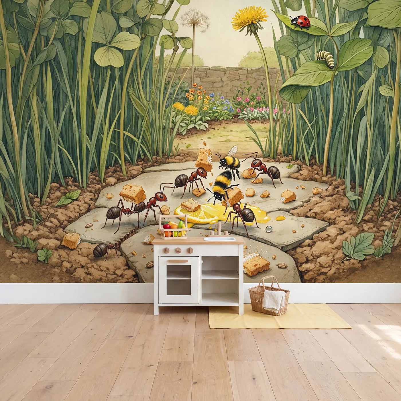 Ant and Bee Garden Picnic Wallpaper Mural in playroom setting by Whimsy Tots