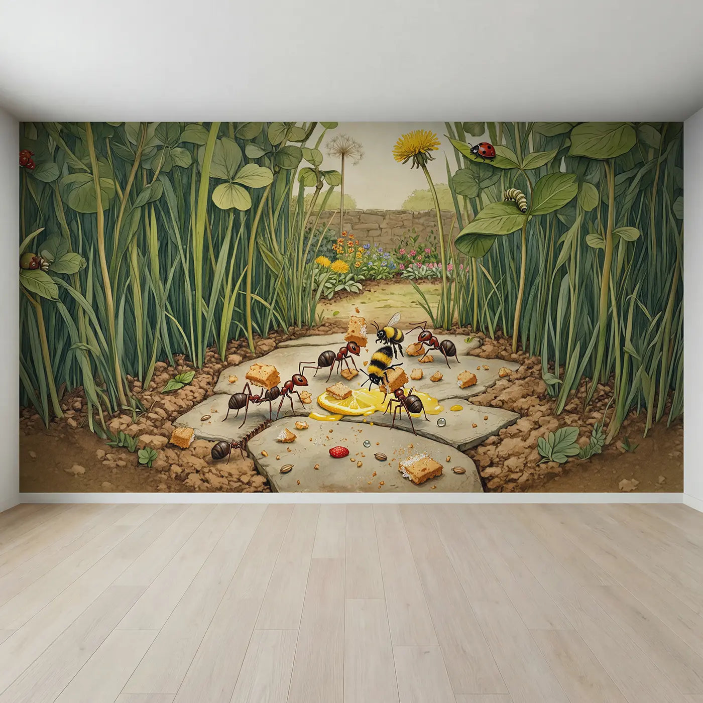 Full view of Ant and Bee Garden Picnic Wallpaper Mural by Whimsy Tots