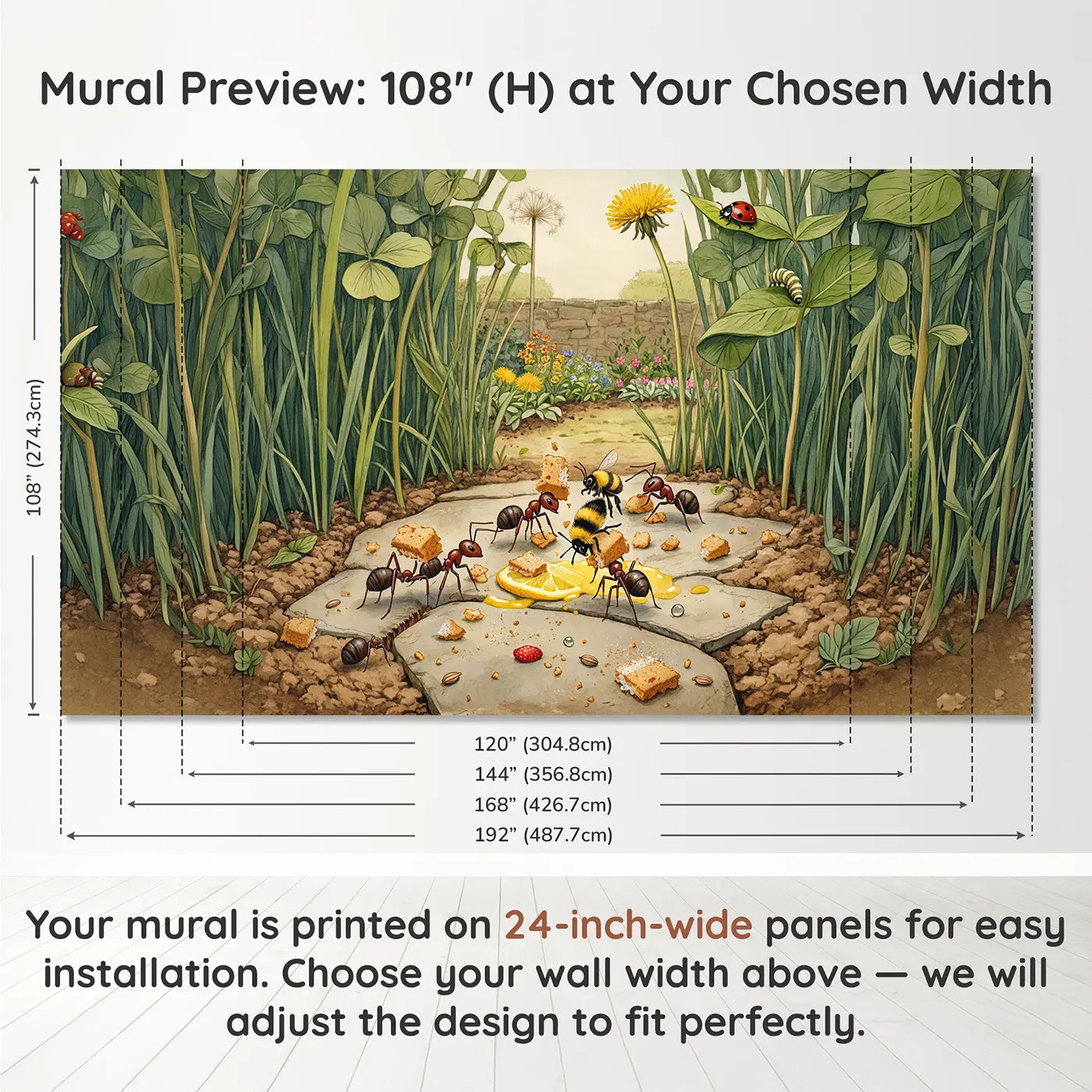 Panel layout and dimensions for Ant and Bee Garden Picnic Wallpaper Mural by Whimsy Tots