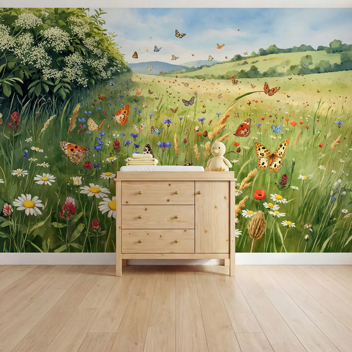 Watercolor butterfly and garden wallpaper mural for kids room by Whimsy Tots