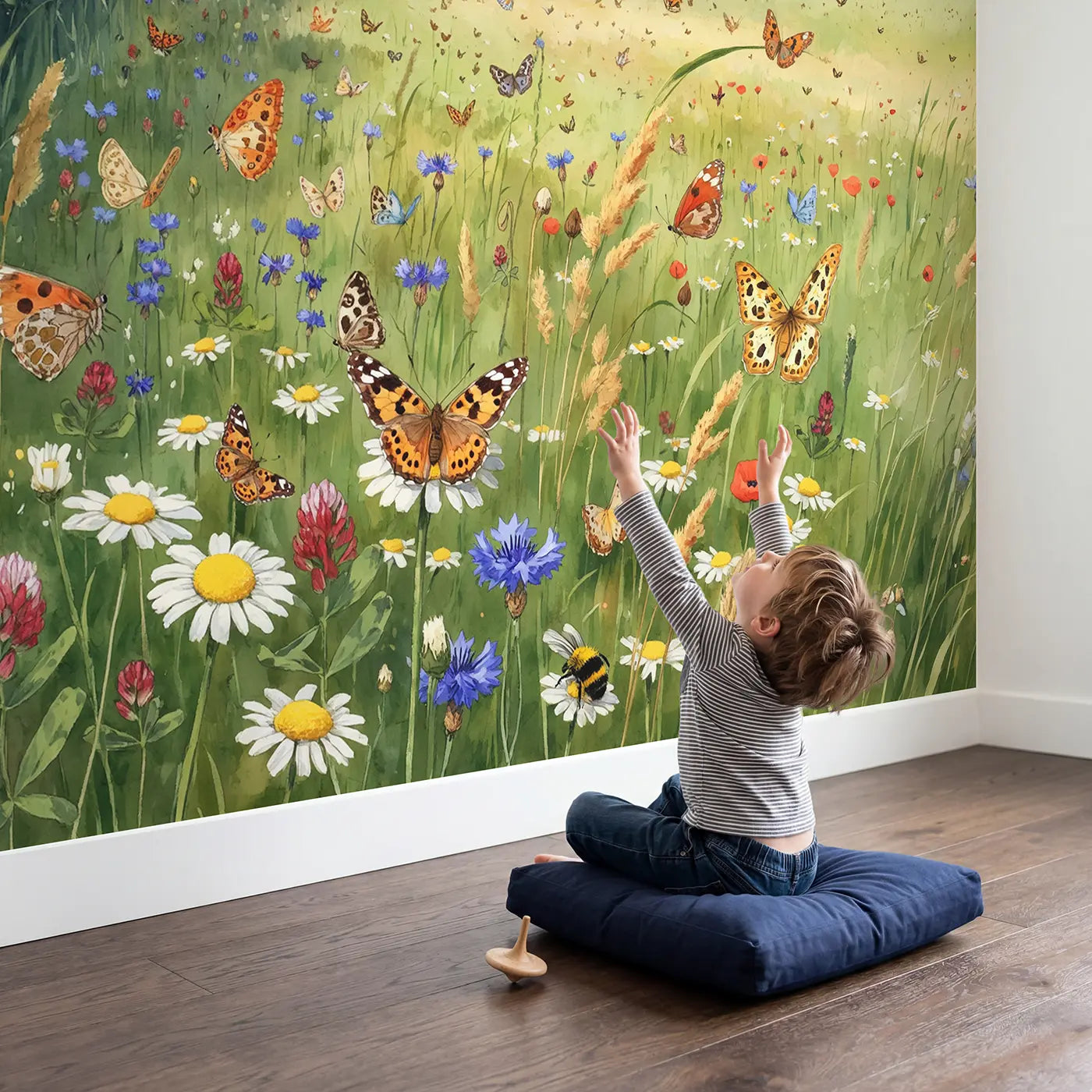Child in nursery with Butterfly Summer Meadow Hills Wallpaper Mural by Whimsy Tots