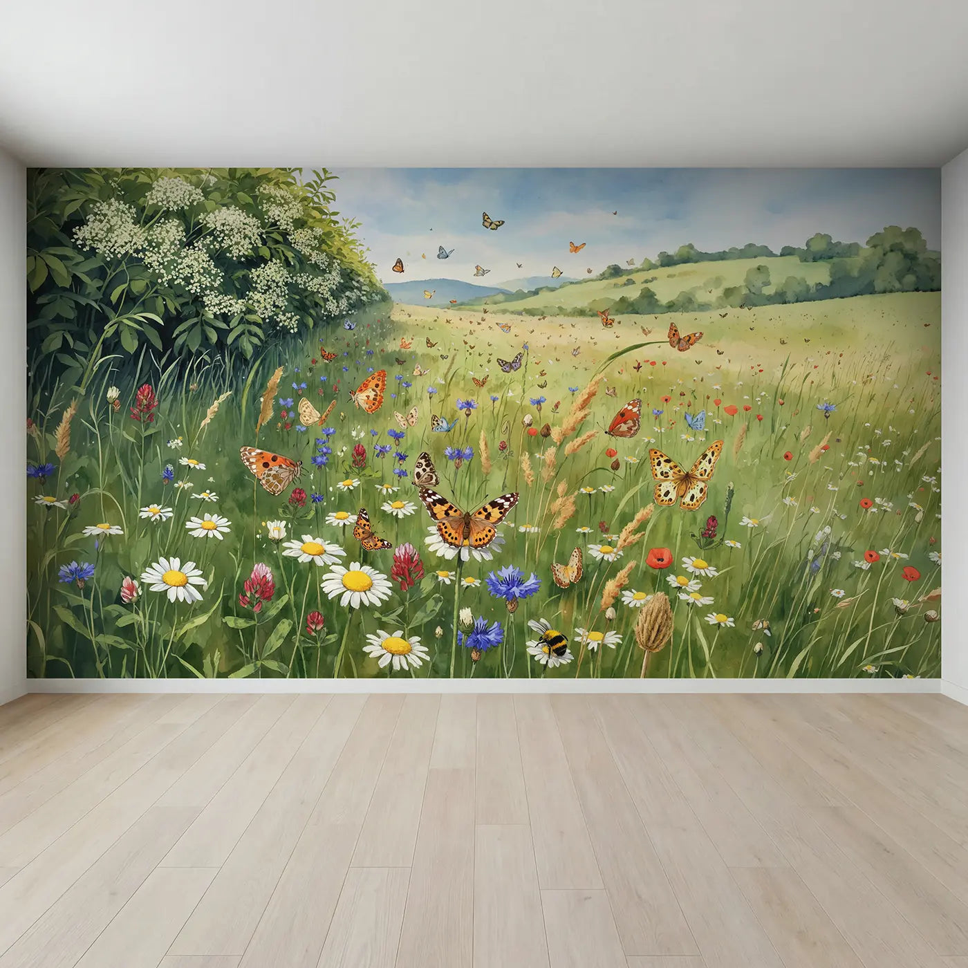 Full view of Butterfly Summer Meadow Hills Wallpaper Mural by Whimsy Tots