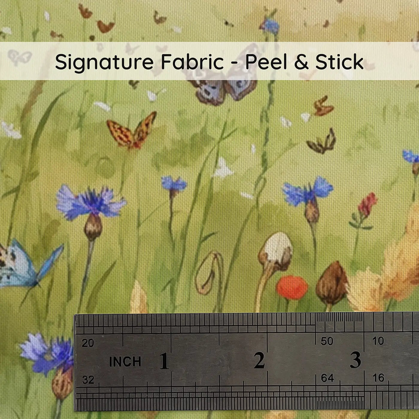 Fabric texture close-up of Butterfly Summer Meadow Hills Wallpaper Mural by Whimsy Tots