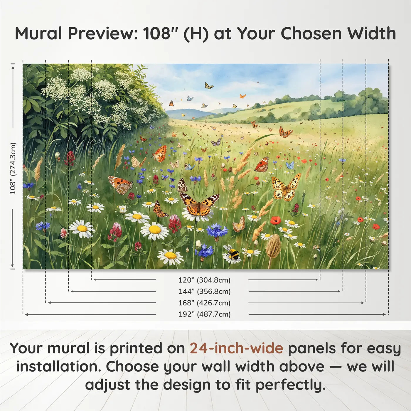 Panel layout and dimensions for Butterfly Summer Meadow Hills Wallpaper Mural by Whimsy Tots