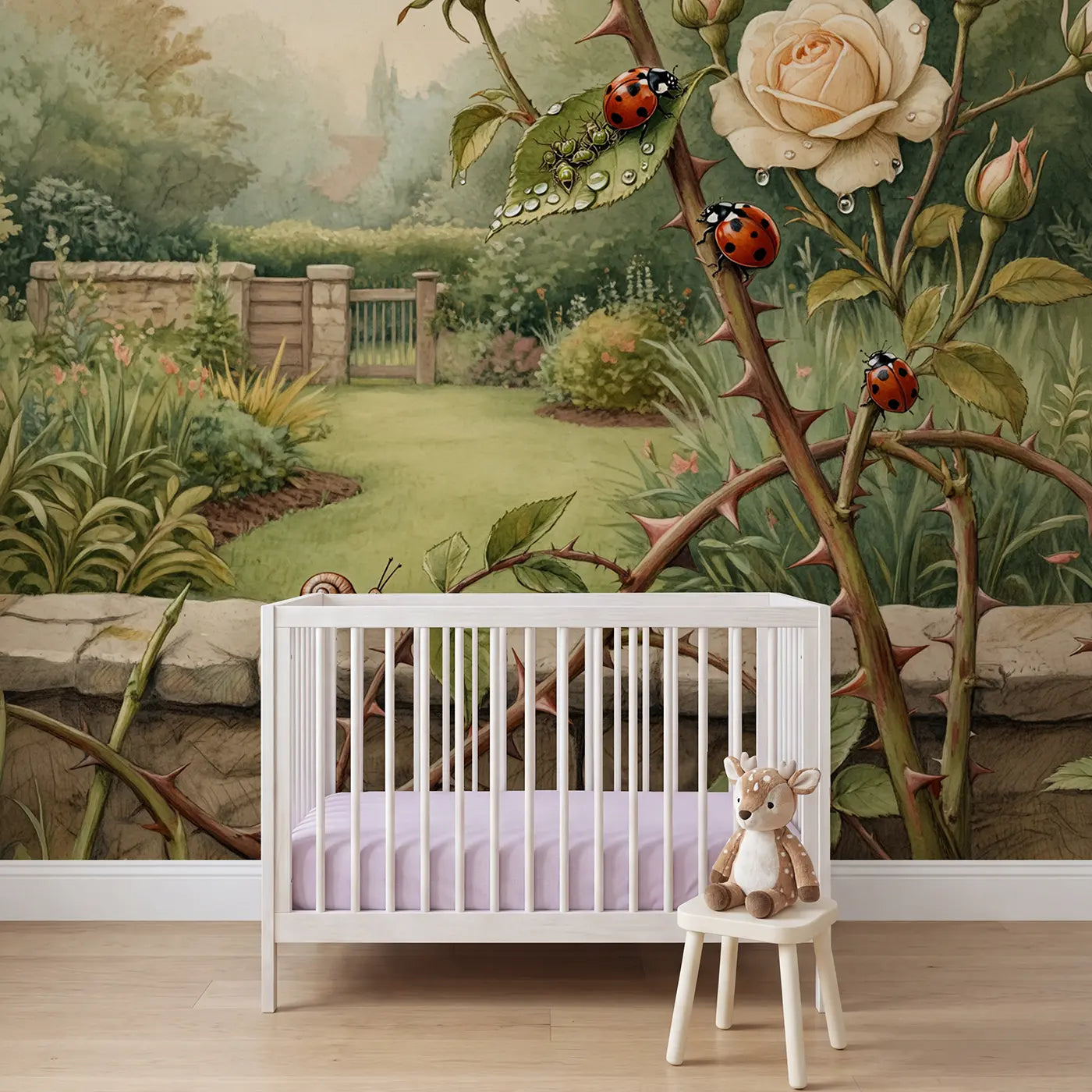Storybook rose garden ladybug morning wallpaper mural for girls room by Whimsy Tots