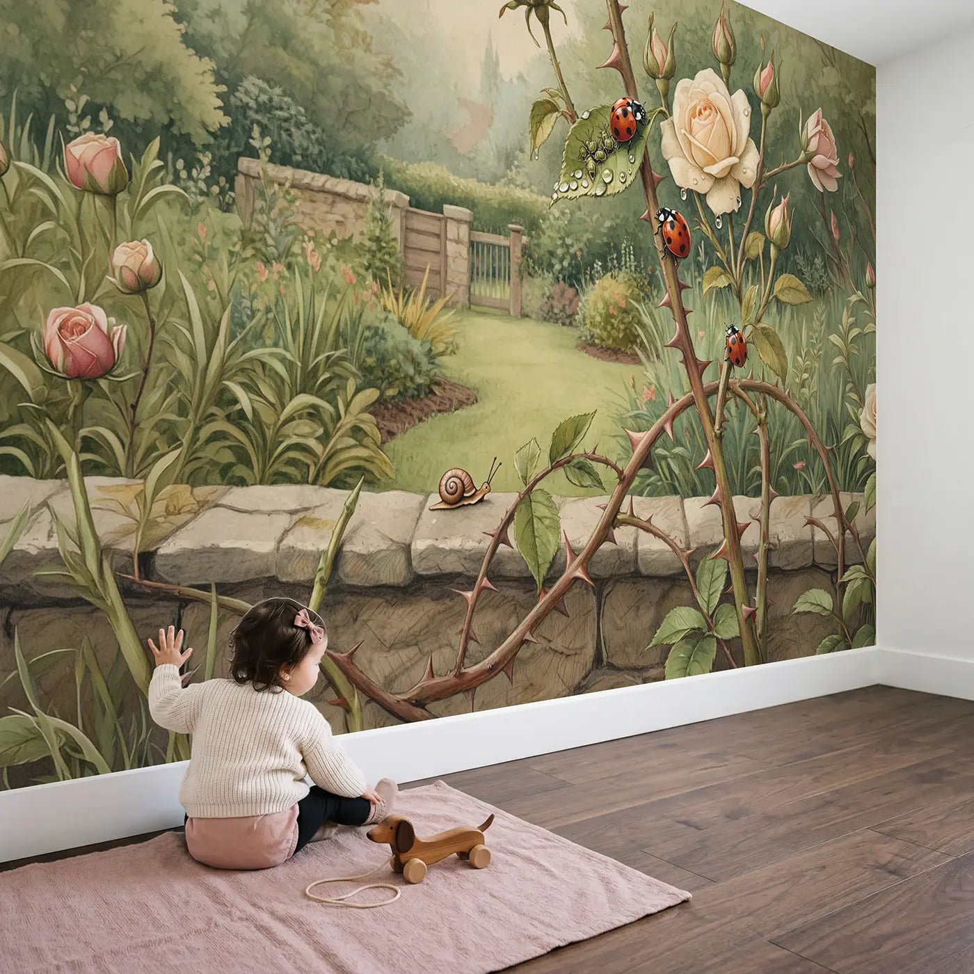 Child in nursery with Rose Garden Ladybug Morning Wallpaper Mural by Whimsy Tots