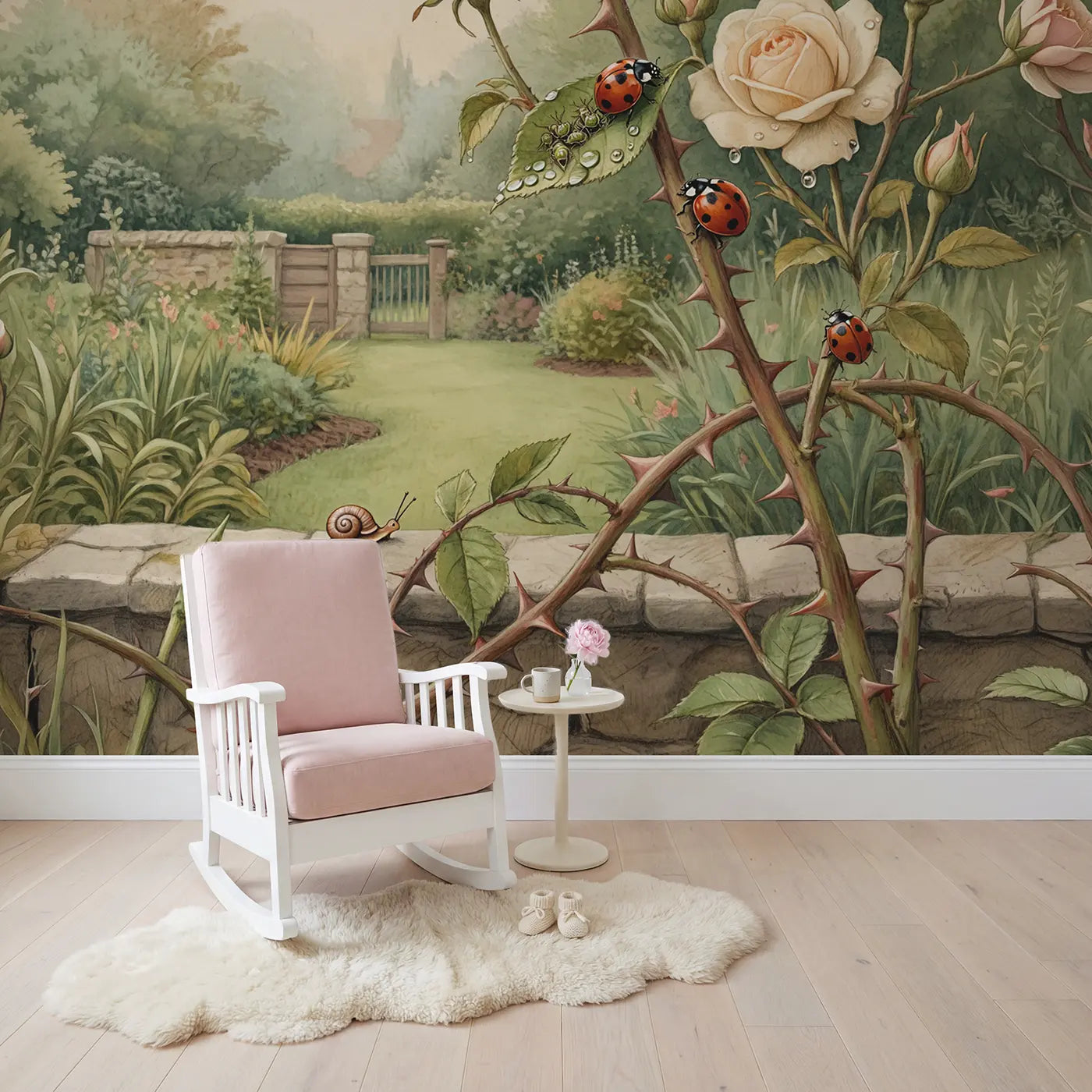 Rose Garden Ladybug Morning Wallpaper Mural in playroom setting by Whimsy Tots