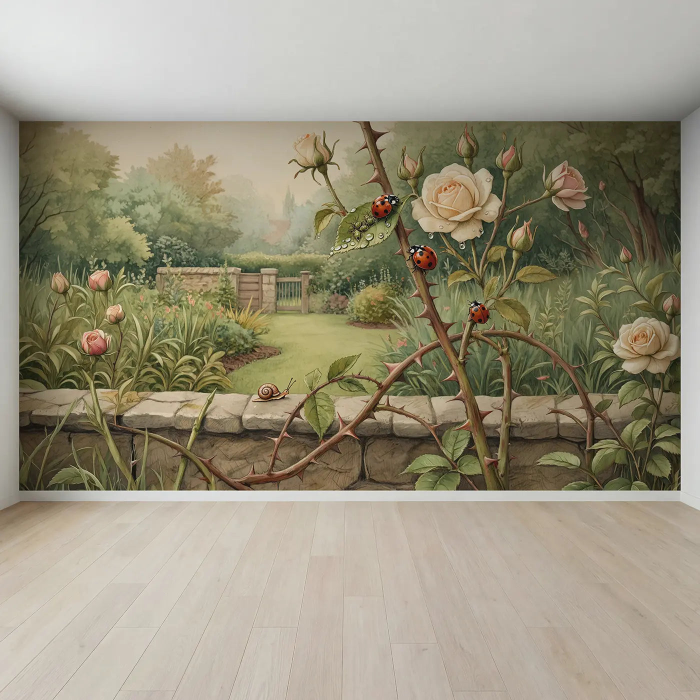 Full view of Rose Garden Ladybug Morning Wallpaper Mural by Whimsy Tots