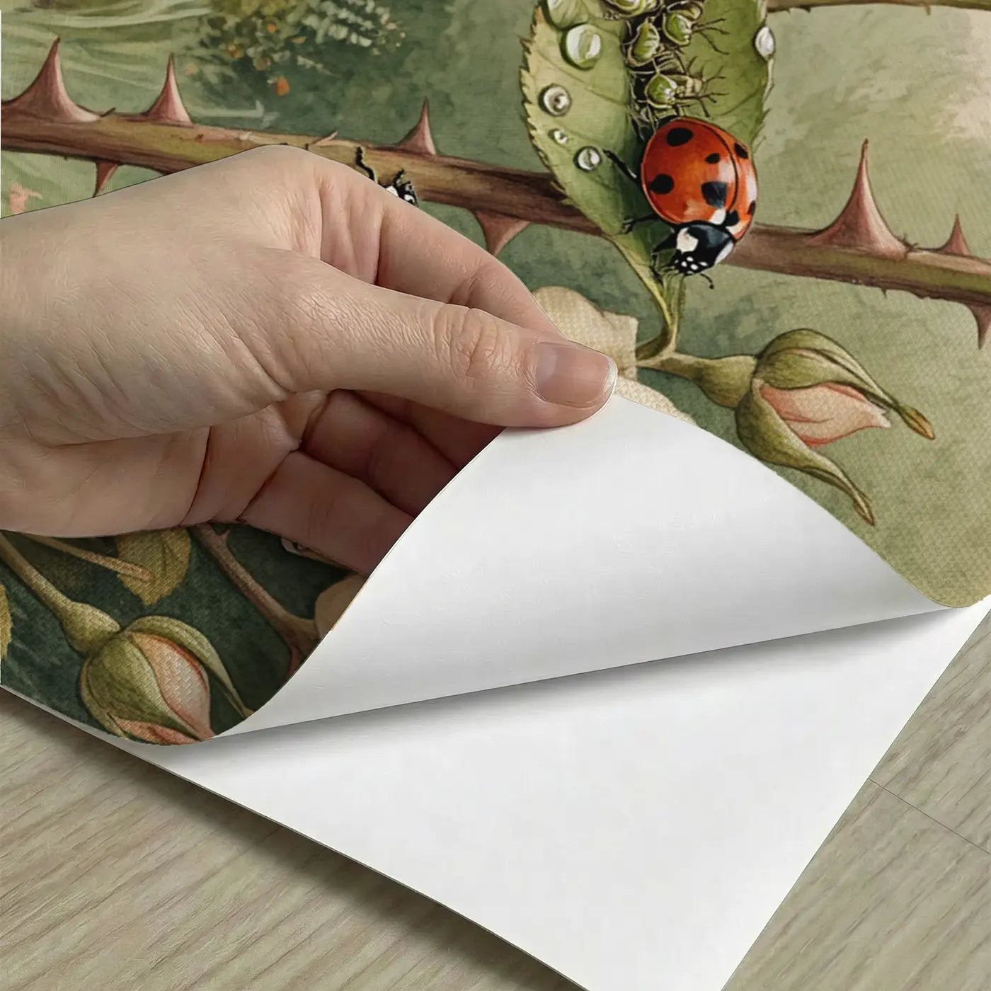 Peel-and-stick detail of Rose Garden Ladybug Morning Wallpaper Mural by Whimsy Tots