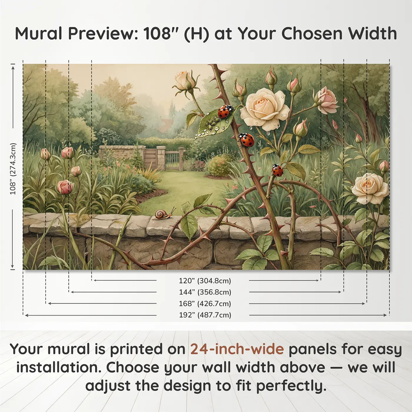 Panel layout and dimensions for Rose Garden Ladybug Morning Wallpaper Mural by Whimsy Tots