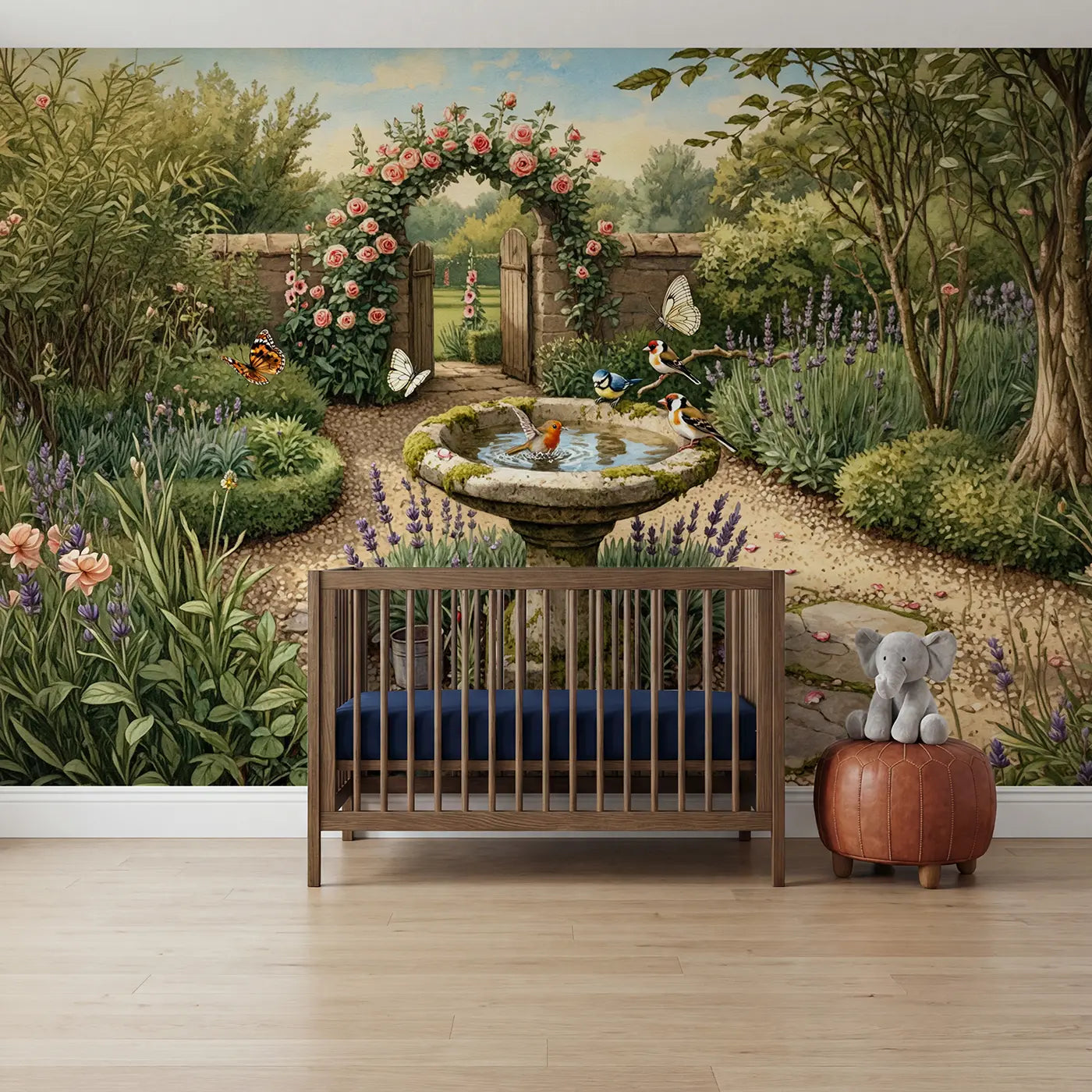 storybook illustration garden birdbath birds butterflies mural for nursery by Whimsy Tots