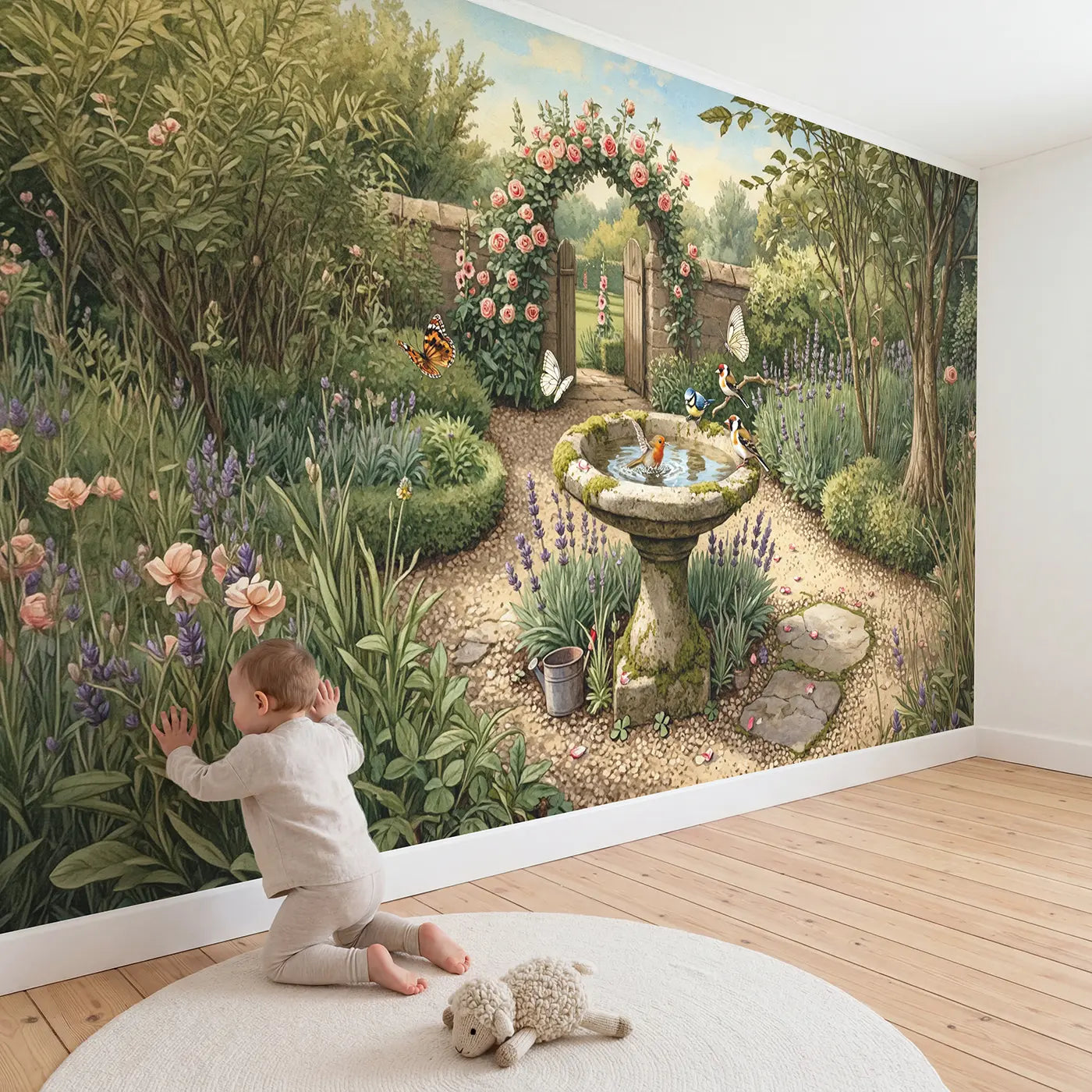 Child in nursery with Garden Birdbath Birds Butterflies Wallpaper Mural by Whimsy Tots