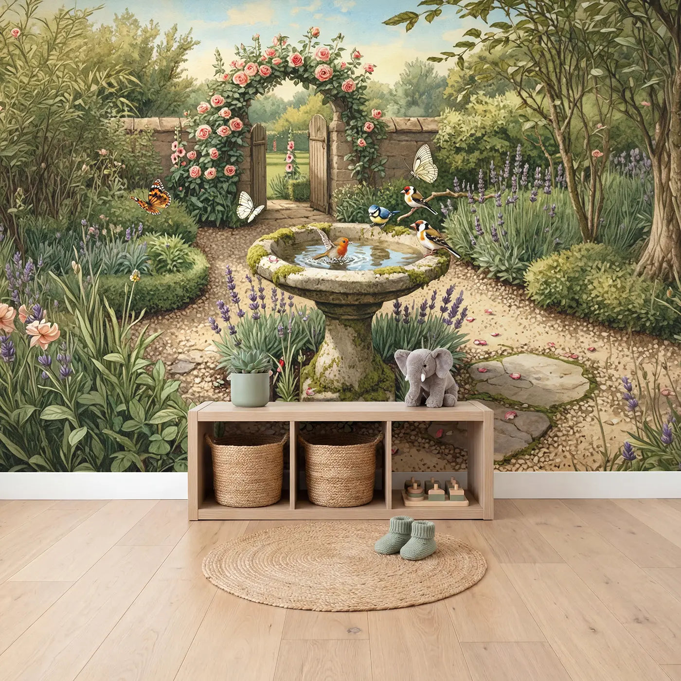 Garden Birdbath Birds Butterflies Wallpaper Mural in playroom setting by Whimsy Tots