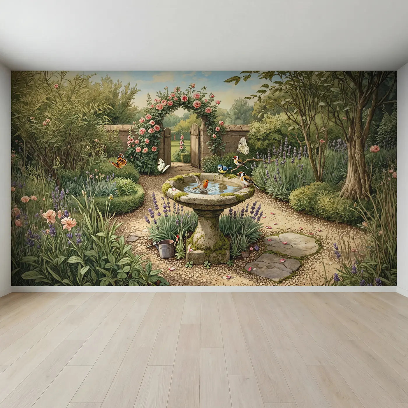 Full view of Garden Birdbath Birds Butterflies Wallpaper Mural by Whimsy Tots