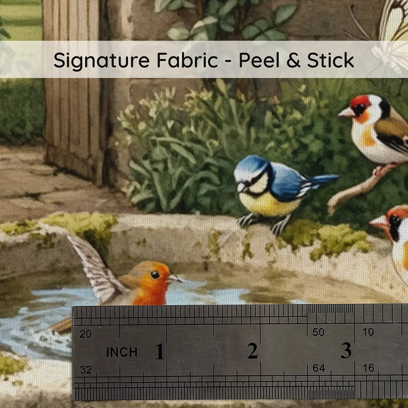 Fabric texture close-up of Garden Birdbath Birds Butterflies Wallpaper Mural by Whimsy Tots