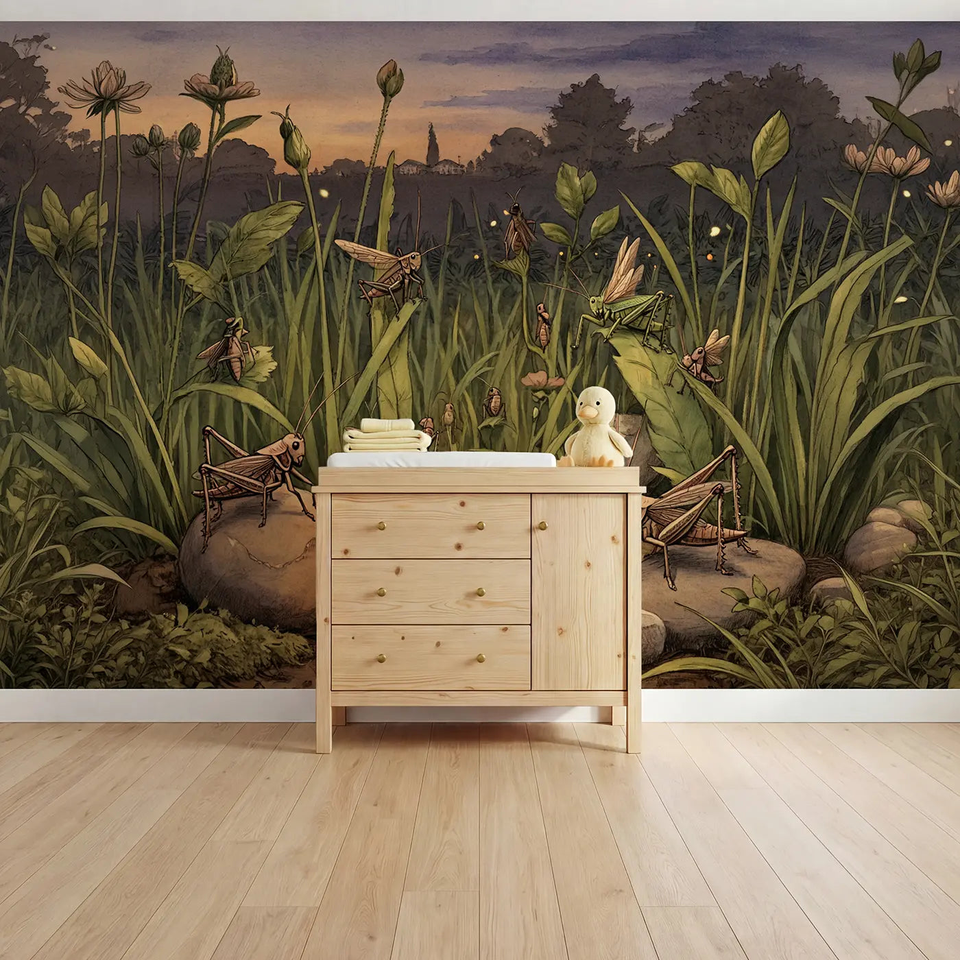 storybook illustration cricket garden dusk firefly mural for nursery by Whimsy Tots