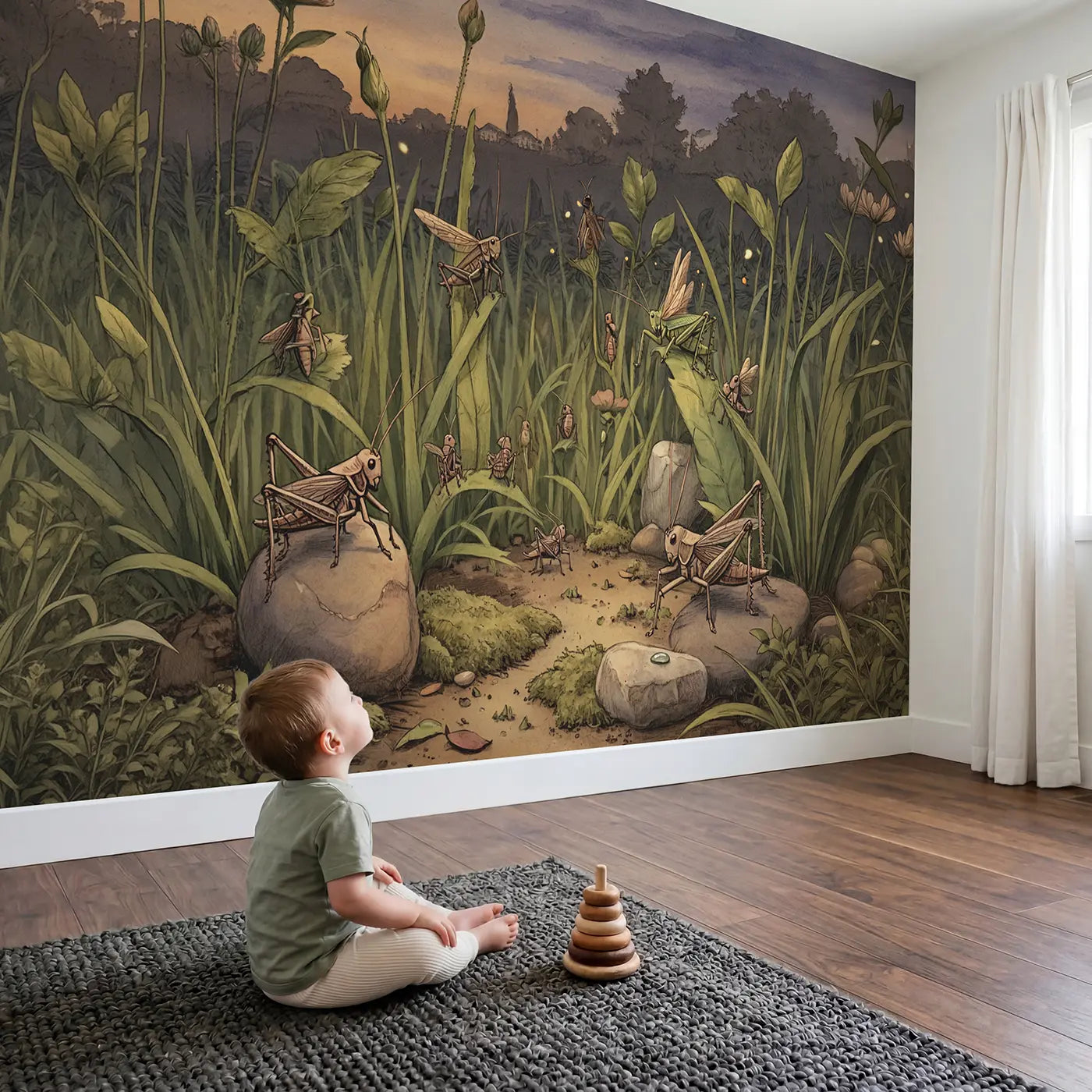 Child in nursery with Cricket Evening Concert Garden Dusk Wallpaper Mural by Whimsy Tots