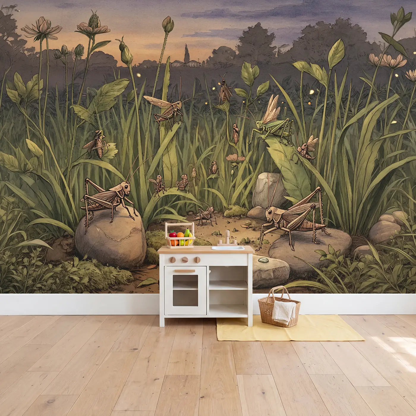 Cricket Evening Concert Garden Dusk Wallpaper Mural in playroom setting by Whimsy Tots