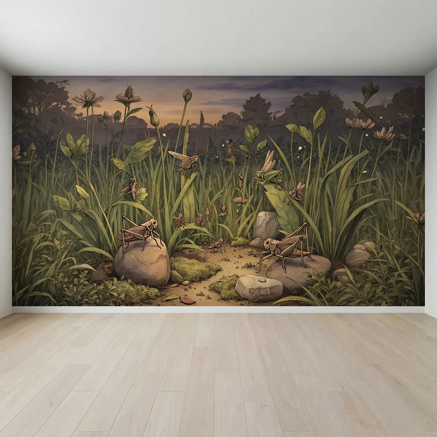 Full view of Cricket Evening Concert Garden Dusk Wallpaper Mural by Whimsy Tots