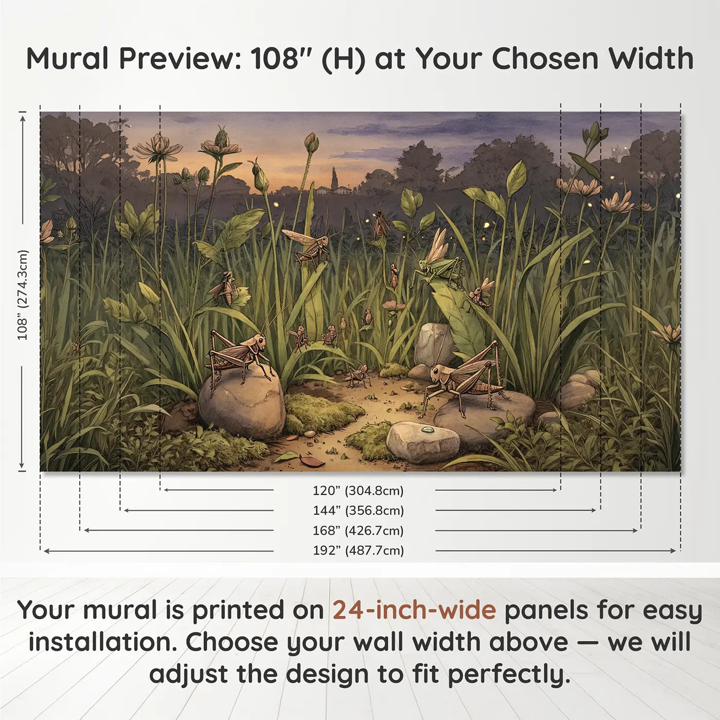 Panel layout and dimensions for Cricket Evening Concert Garden Dusk Wallpaper Mural by Whimsy Tots