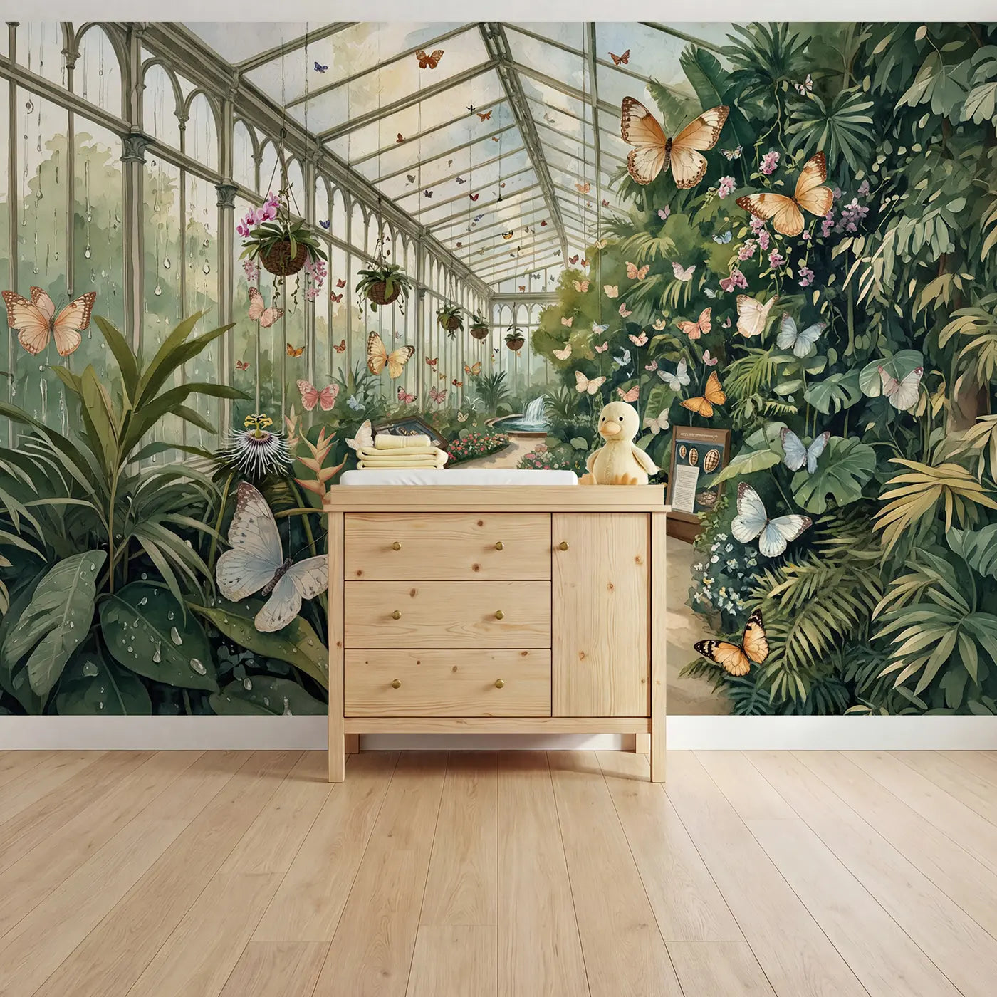 Watercolor butterflies in glass conservatory wallpaper mural for nursery by Whimsy Tots