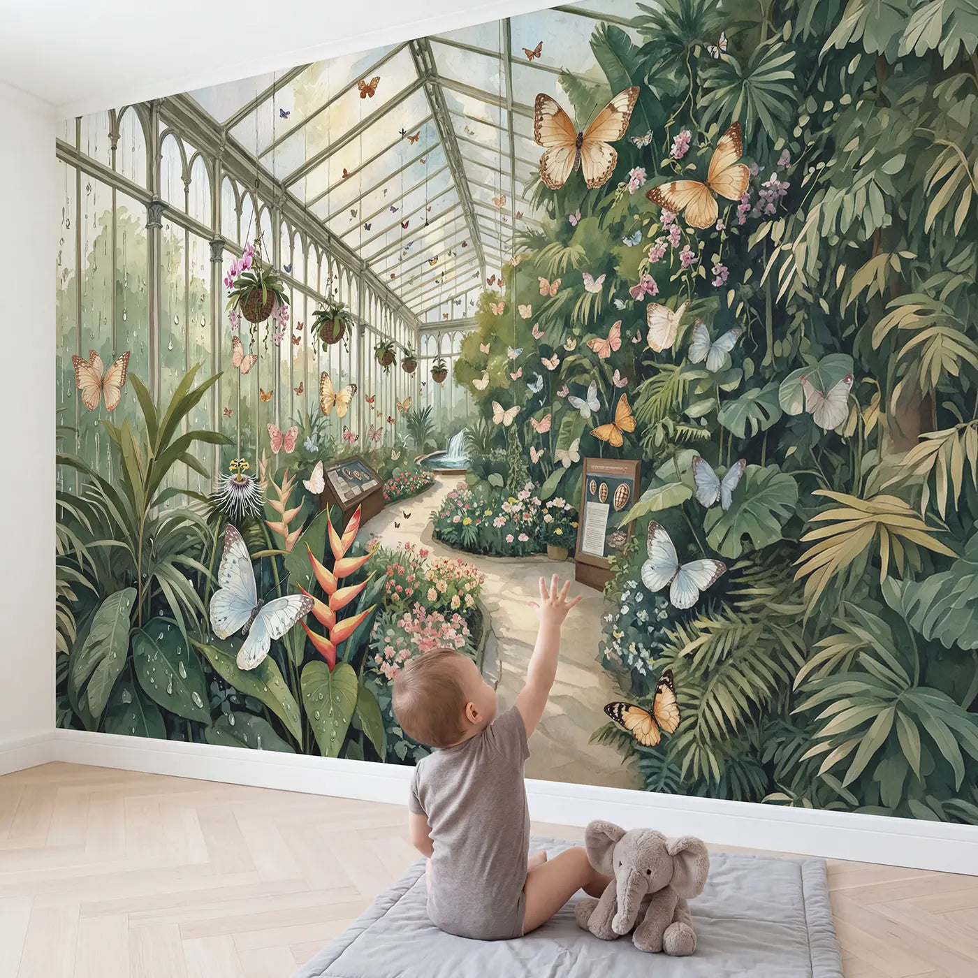 Child in nursery with Victorian Butterfly Conservatory Wallpaper Mural by Whimsy Tots