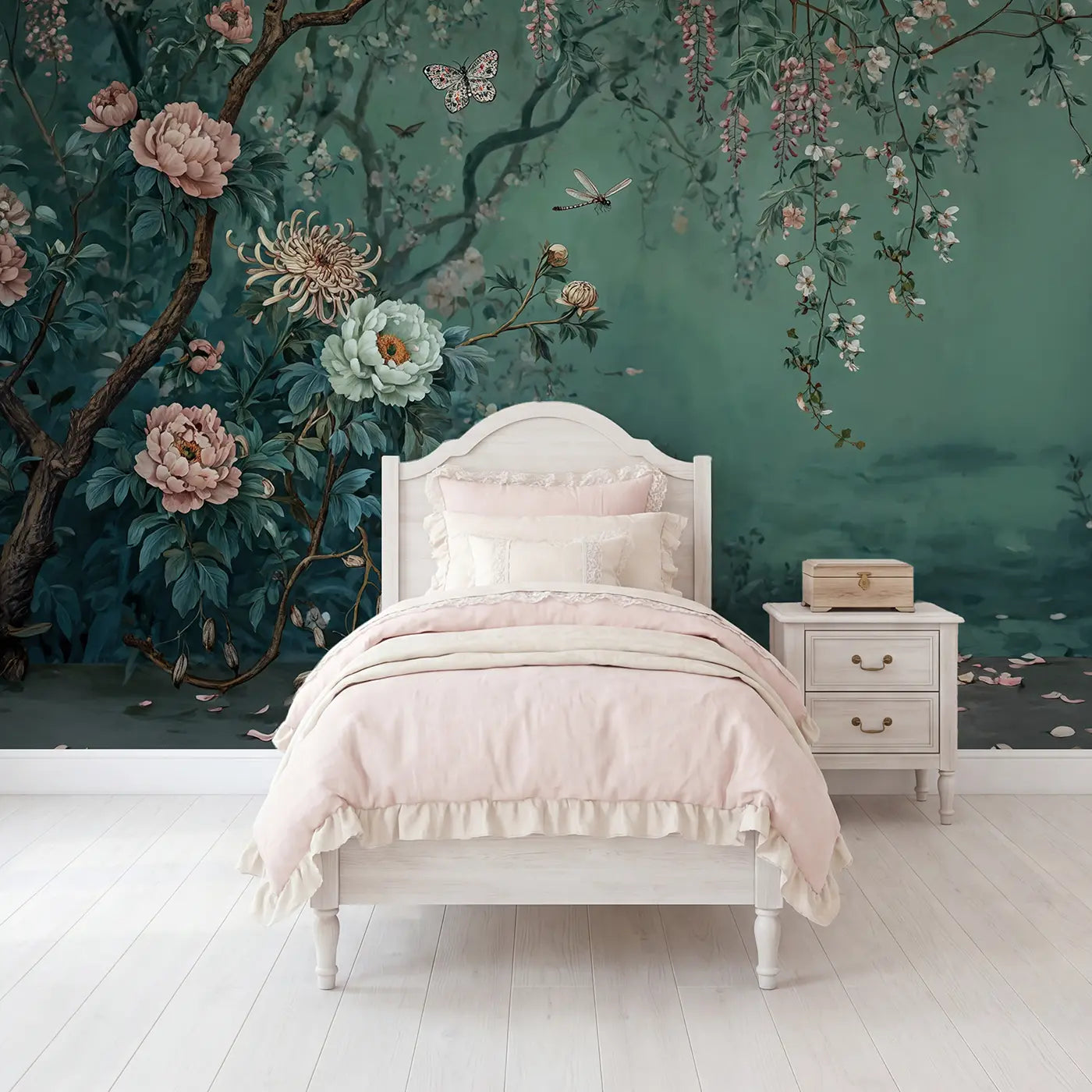 Botanical elegance butterfly and dragonfly garden wallpaper mural for girls room by Whimsy Tots
