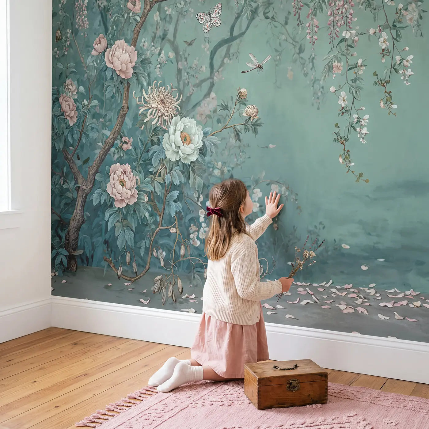 Child in nursery with Chinoiserie Butterfly Garden Wallpaper Mural by Whimsy Tots