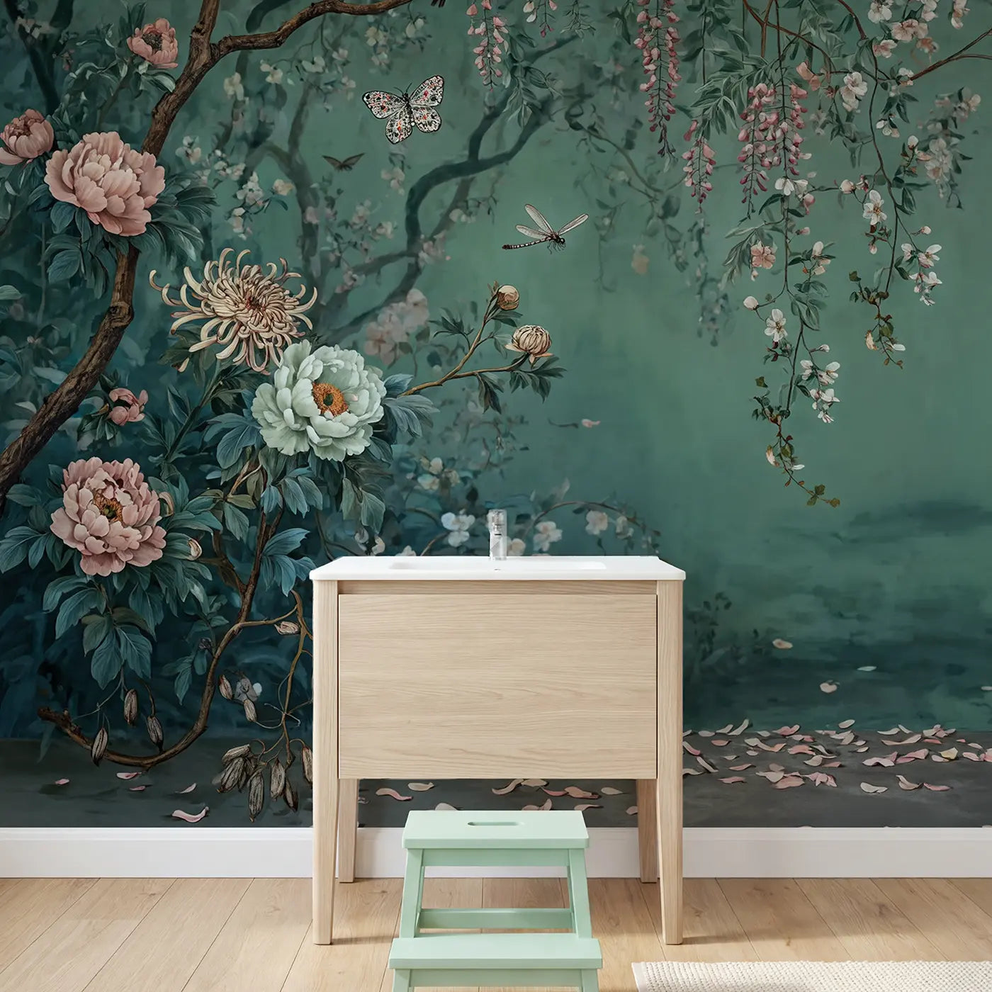 Chinoiserie Butterfly Garden Wallpaper Mural in playroom setting by Whimsy Tots