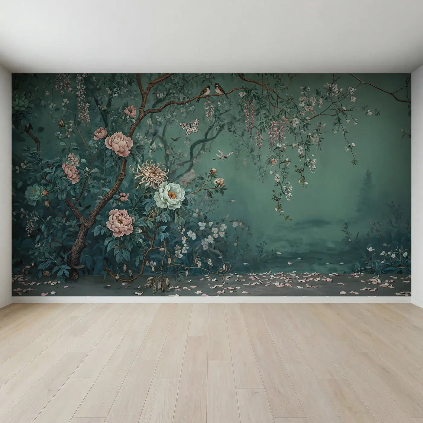 Full view of Chinoiserie Butterfly Garden Wallpaper Mural by Whimsy Tots