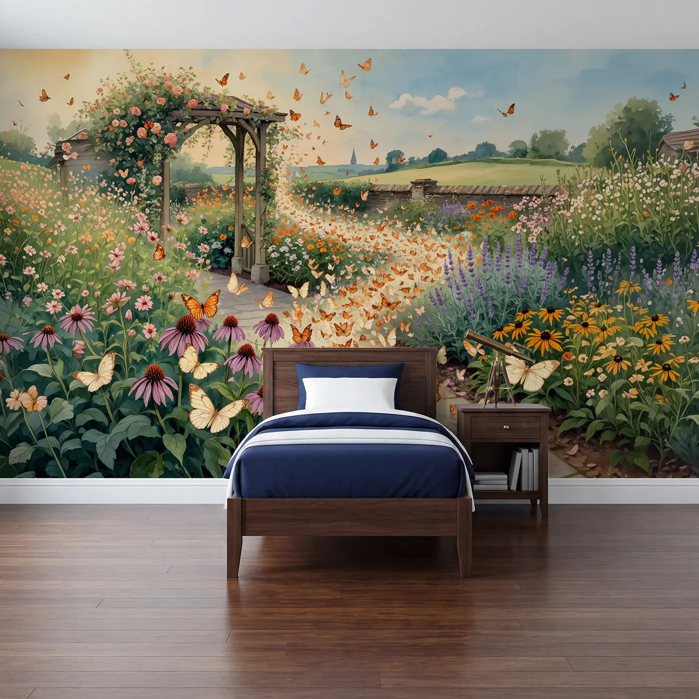 Watercolor butterfly migration garden wallpaper mural for kids room by Whimsy Tots