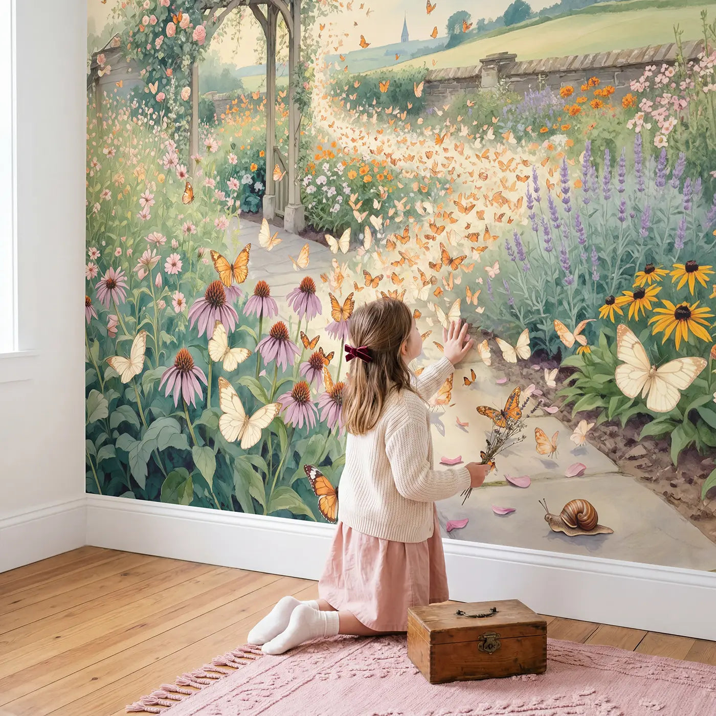 Child in nursery with Butterfly Migration Garden Wallpaper Mural by Whimsy Tots