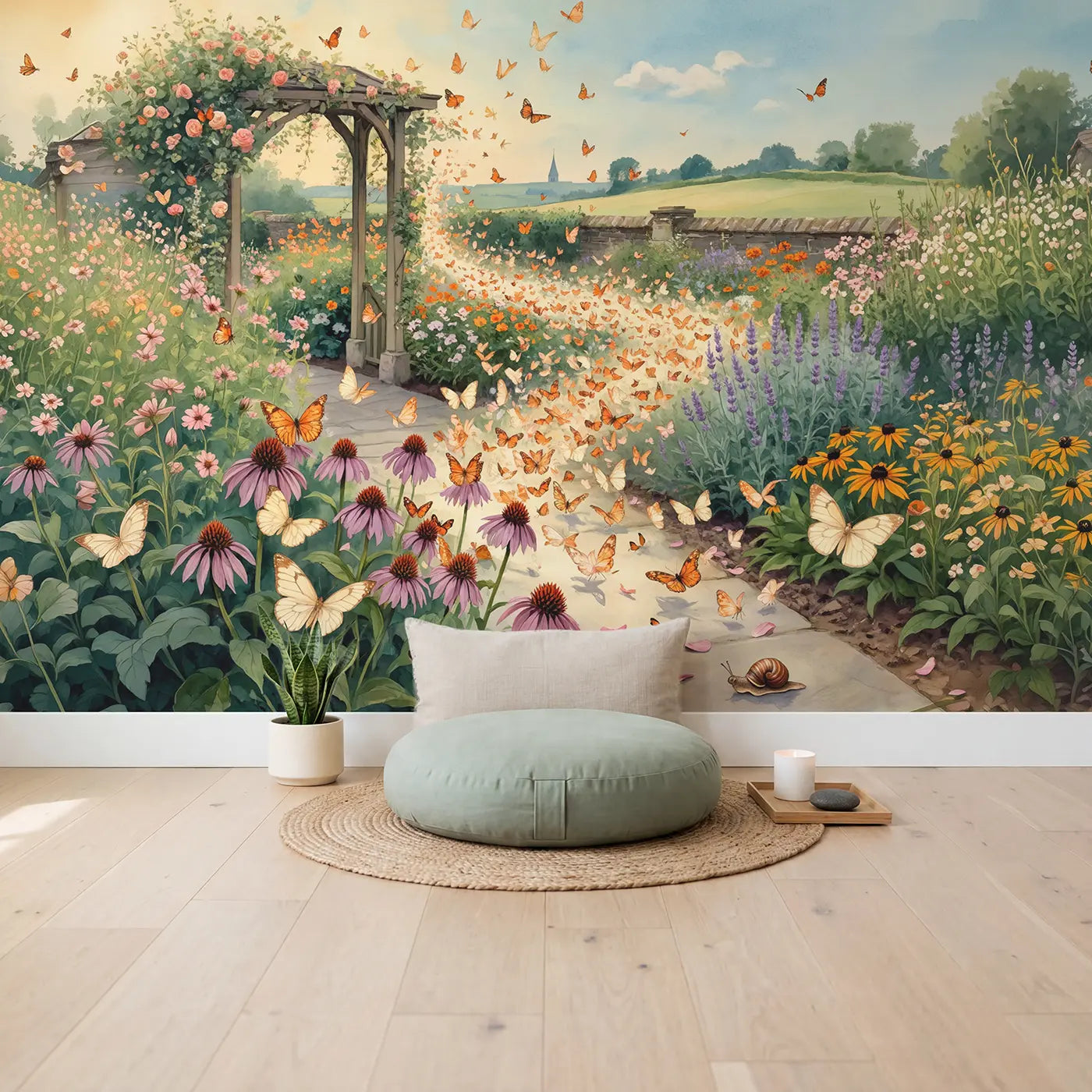 Butterfly Migration Garden Wallpaper Mural in playroom setting by Whimsy Tots