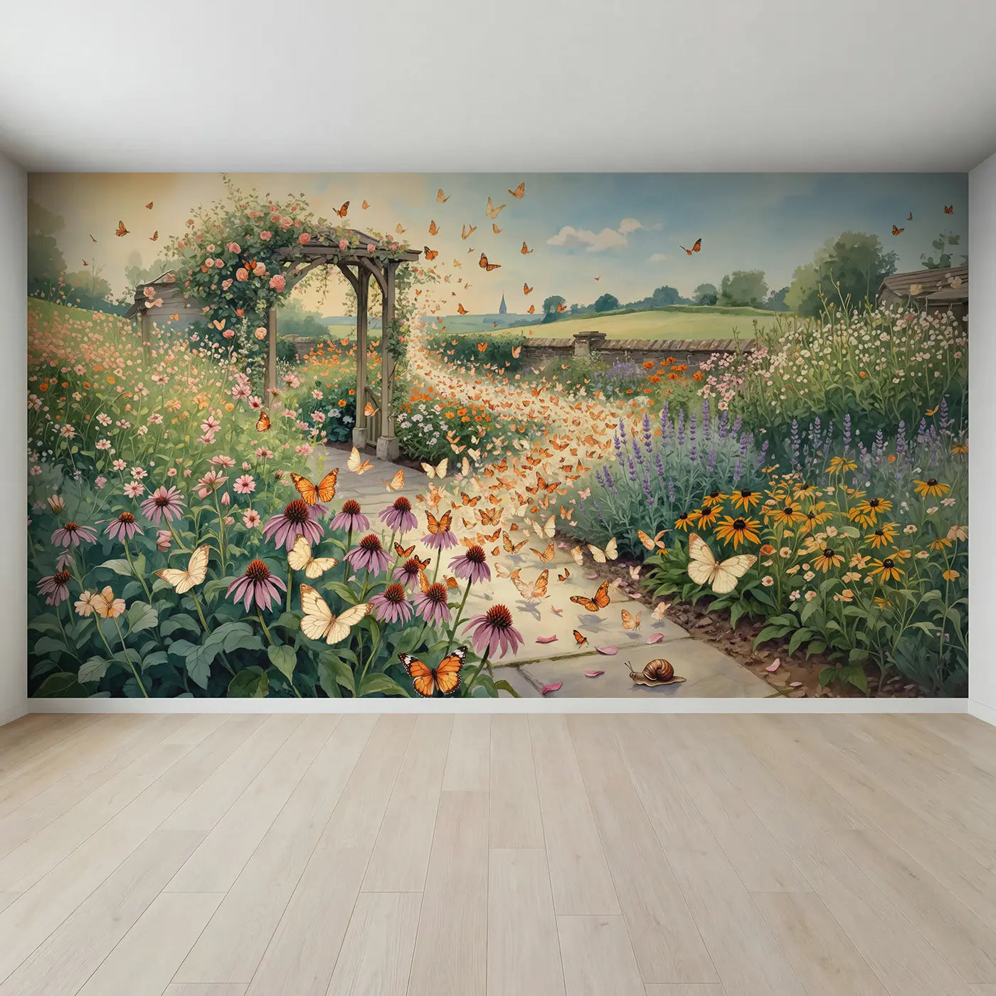 Full view of Butterfly Migration Garden Wallpaper Mural by Whimsy Tots