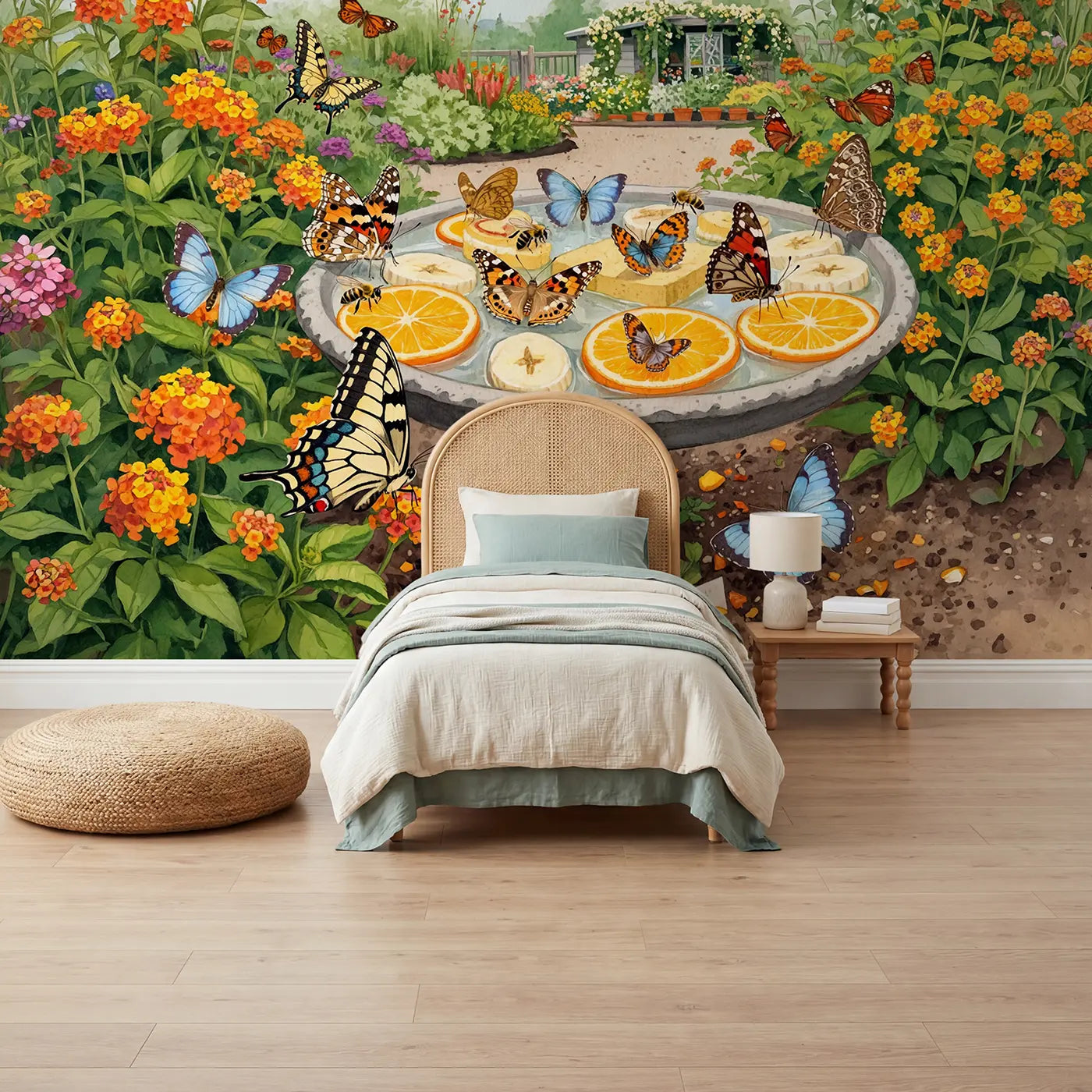 watercolor butterfly garden feeding station mural for kids room by Whimsy Tots
