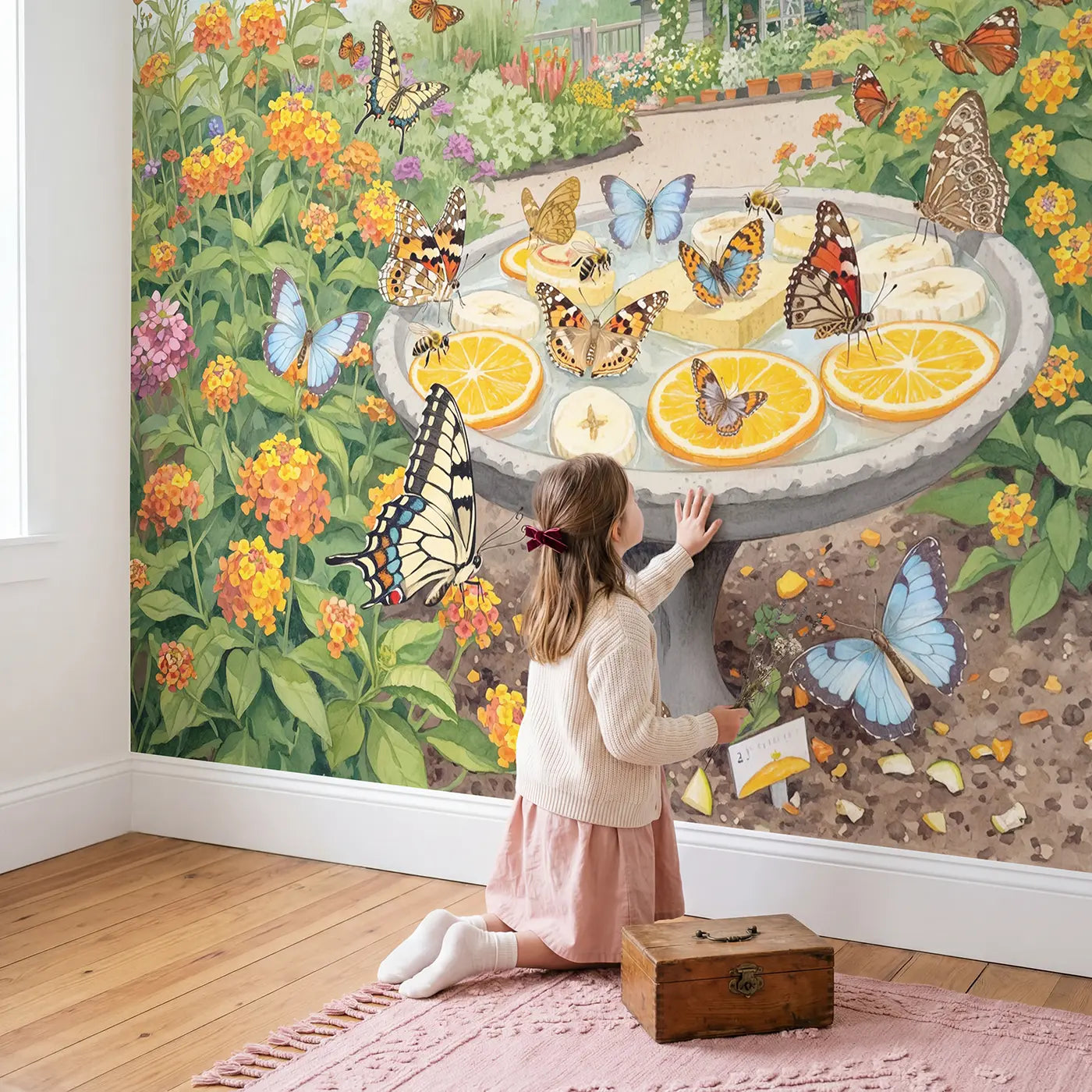 Child in nursery with Butterfly Garden Feeding Station Wallpaper Mural by Whimsy Tots