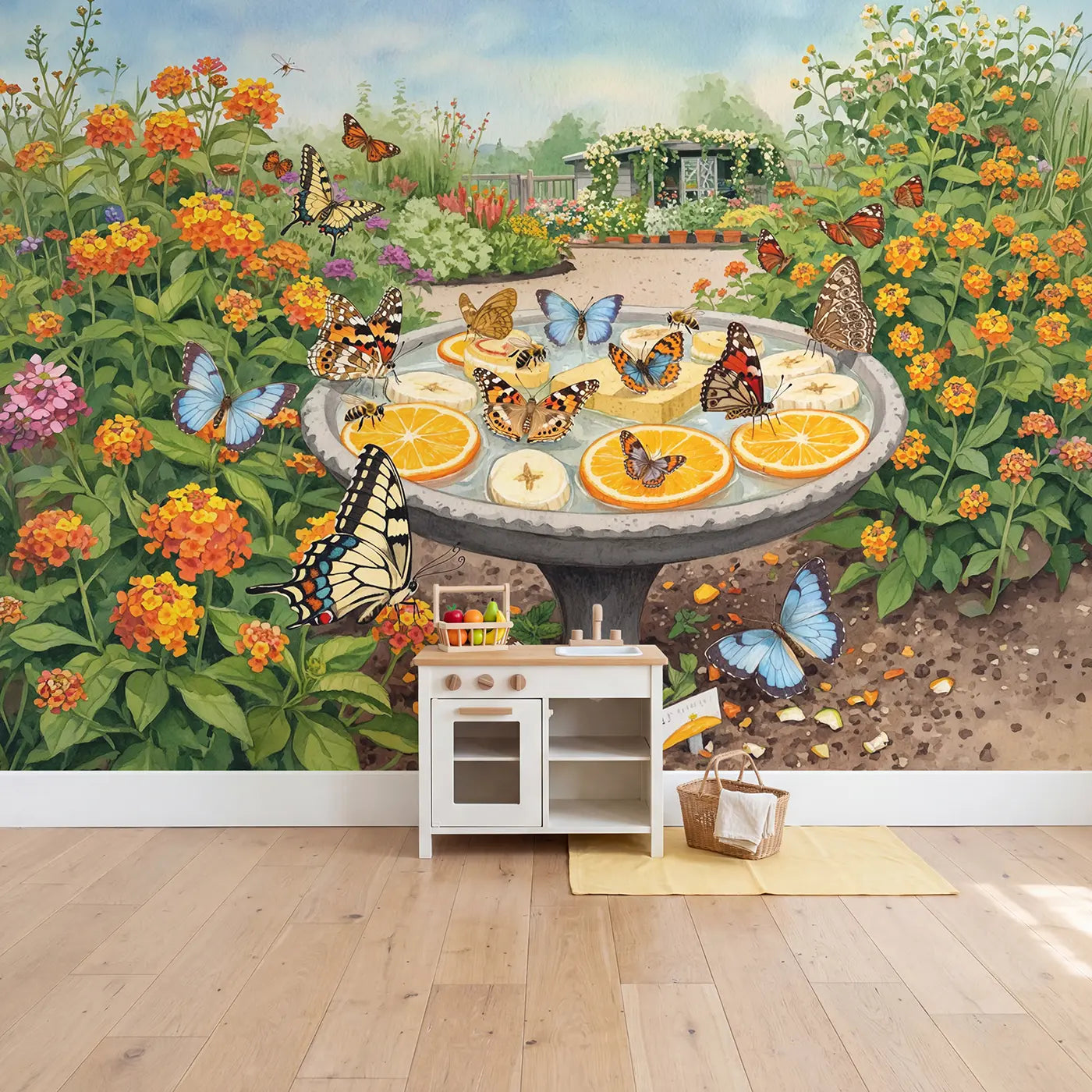 Butterfly Garden Feeding Station Wallpaper Mural in playroom setting by Whimsy Tots