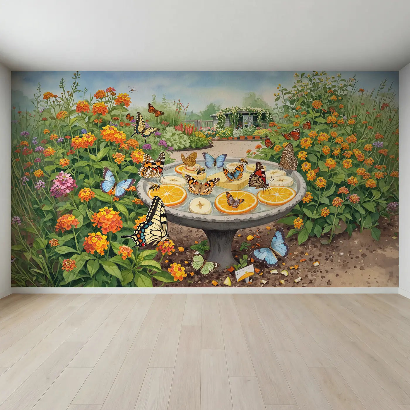 Full view of Butterfly Garden Feeding Station Wallpaper Mural by Whimsy Tots