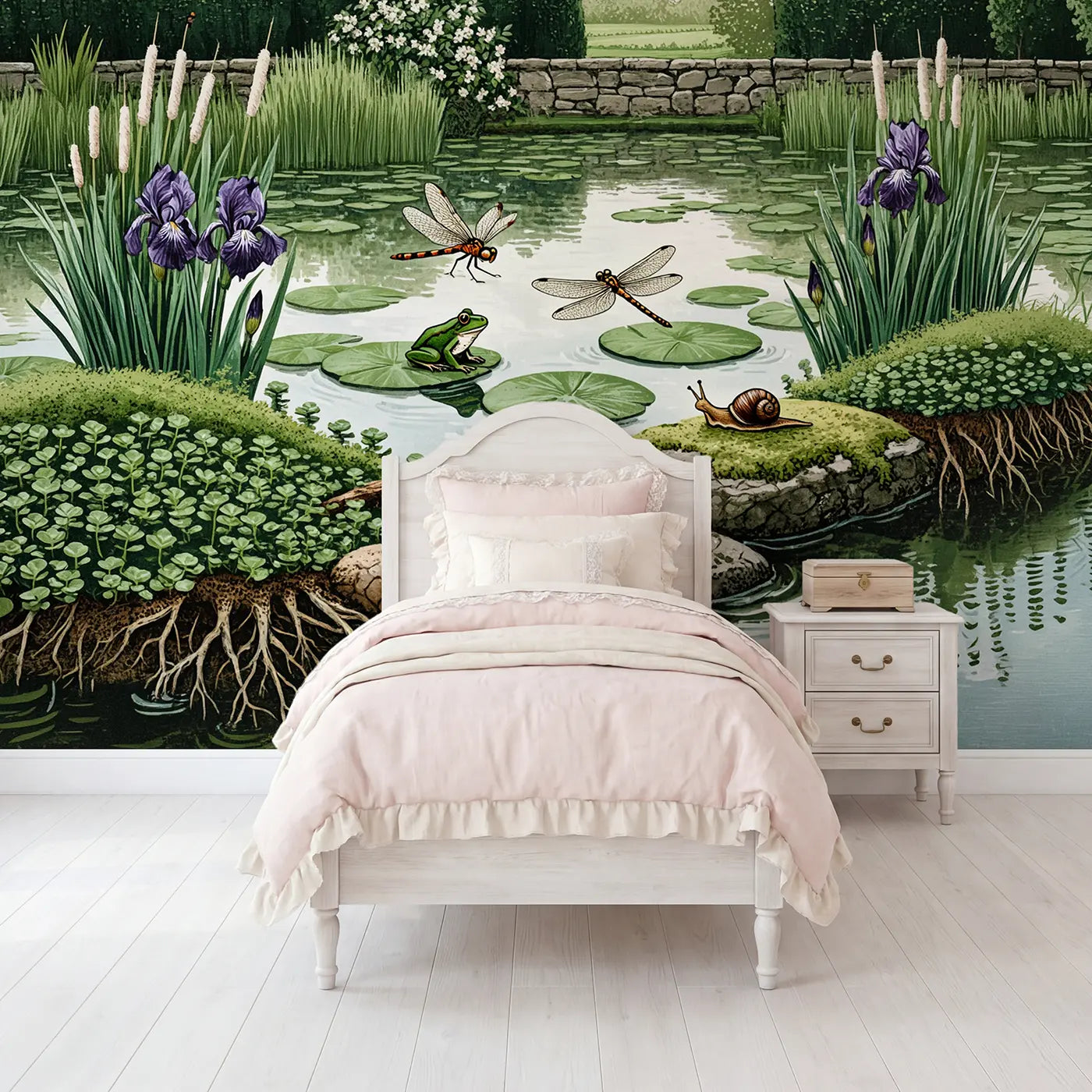 Block print dragonfly and pond garden wallpaper mural for girls room by Whimsy Tots