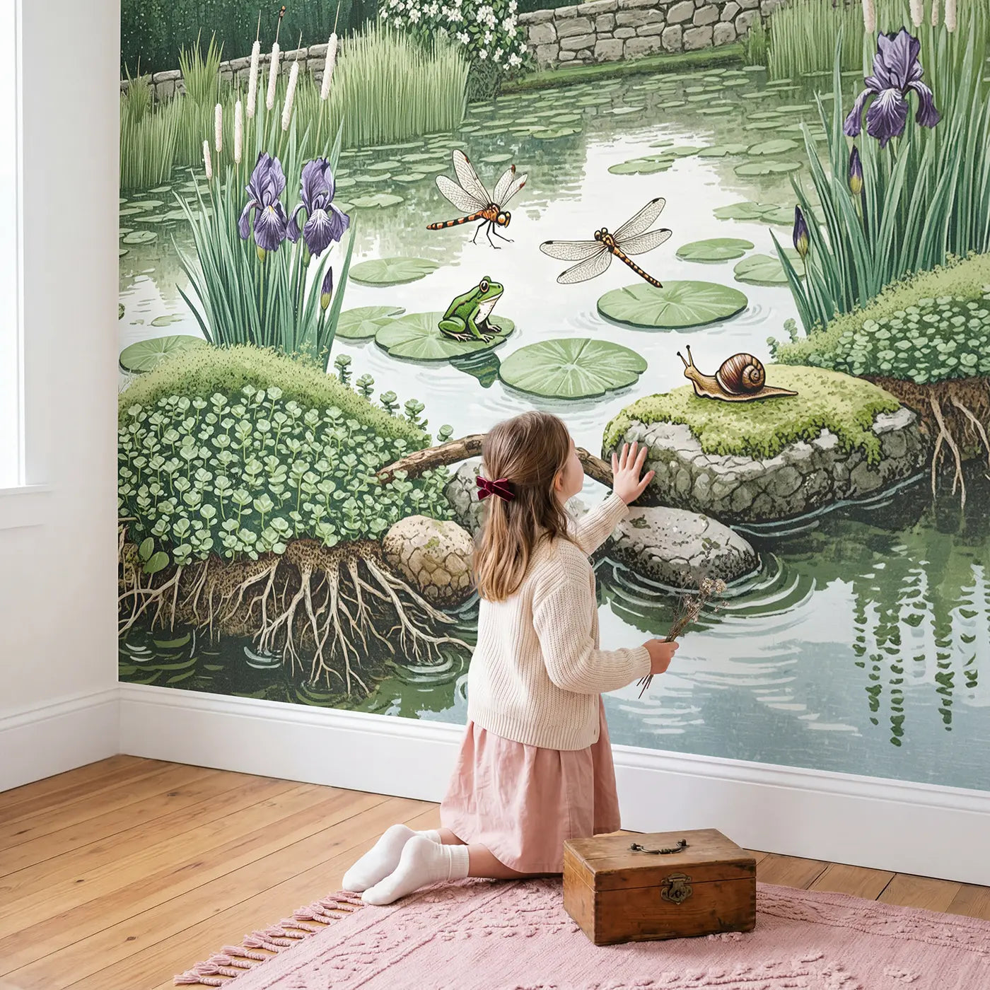 Child in nursery with Dragonfly Pond Garden Wallpaper Mural by Whimsy Tots