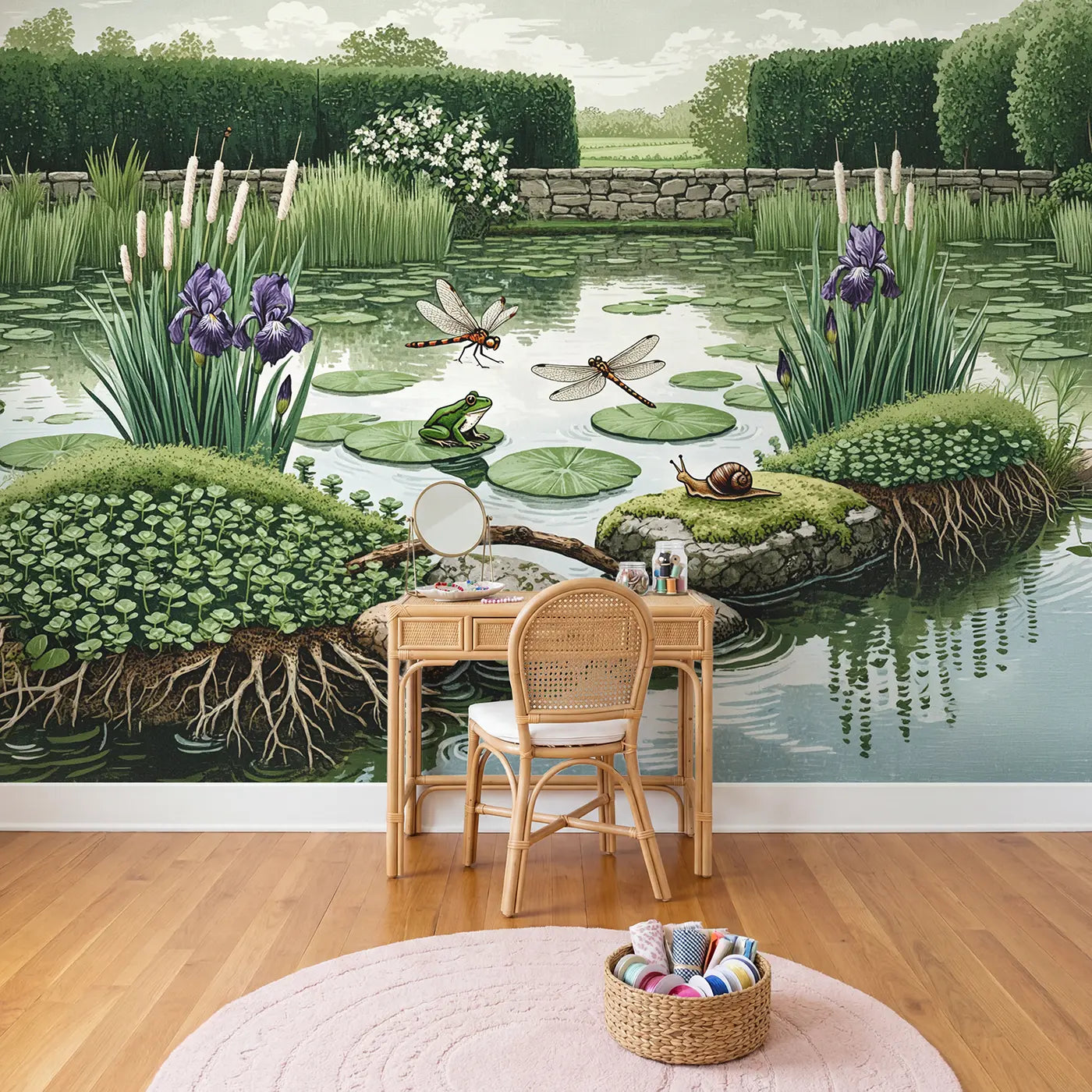 Dragonfly Pond Garden Wallpaper Mural in playroom setting by Whimsy Tots