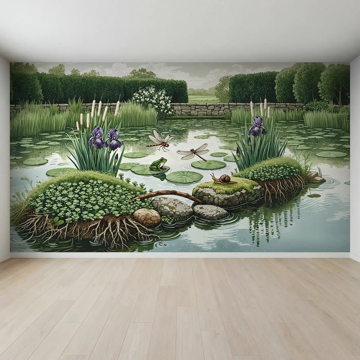 Full view of Dragonfly Pond Garden Wallpaper Mural by Whimsy Tots