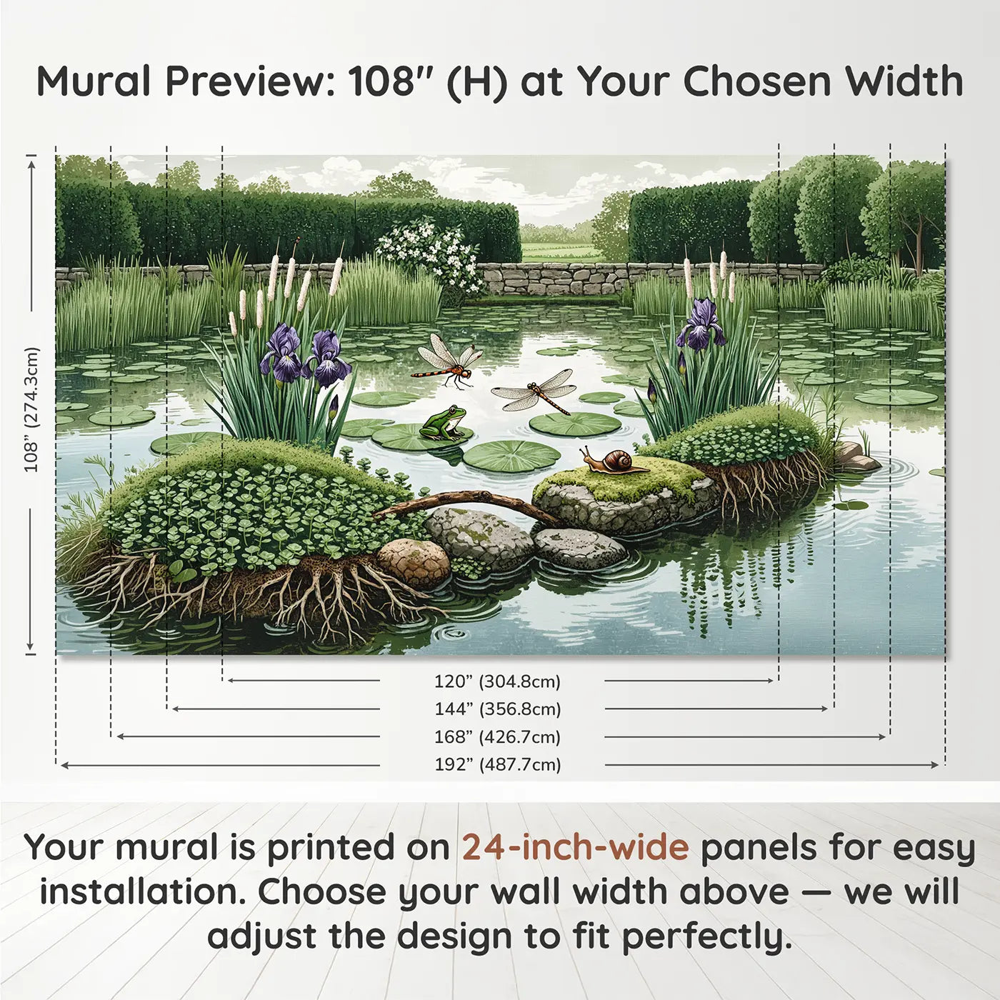 Panel layout and dimensions for Dragonfly Pond Garden Wallpaper Mural by Whimsy Tots