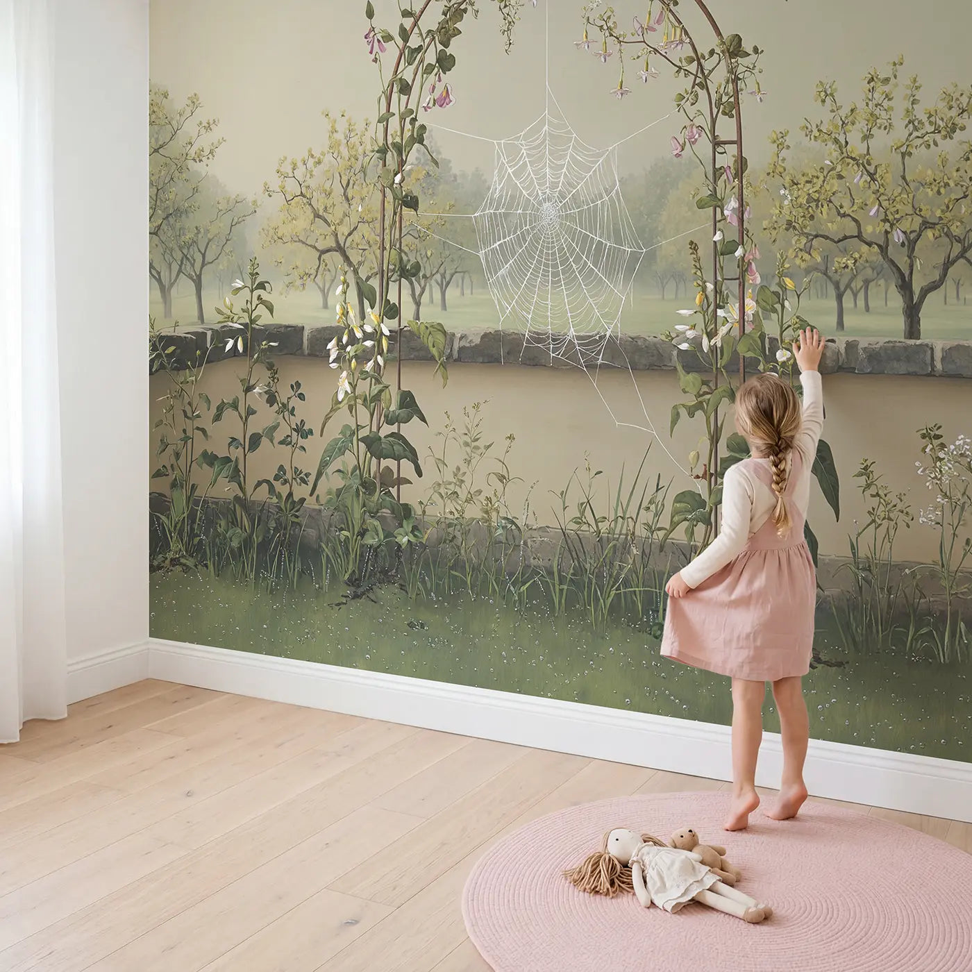 Child in nursery with Garden Spider Web Morning Wallpaper Mural by Whimsy Tots