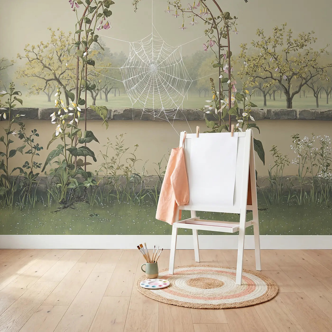 Garden Spider Web Morning Wallpaper Mural in playroom setting by Whimsy Tots