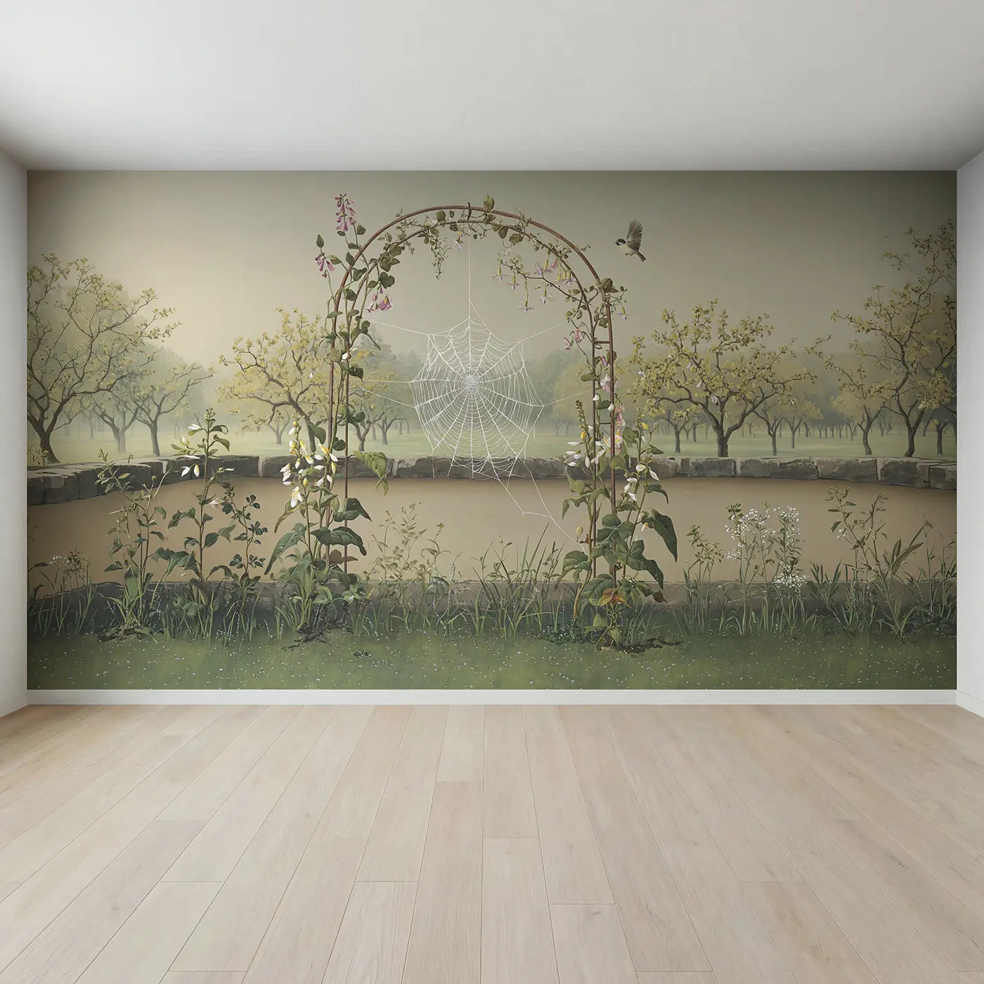 Full view of Garden Spider Web Morning Wallpaper Mural by Whimsy Tots