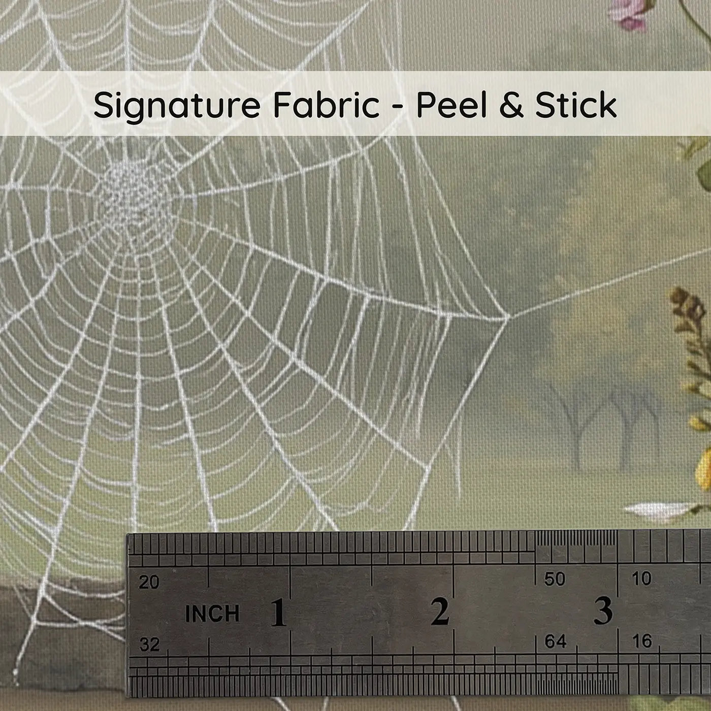 Fabric texture close-up of Garden Spider Web Morning Wallpaper Mural by Whimsy Tots